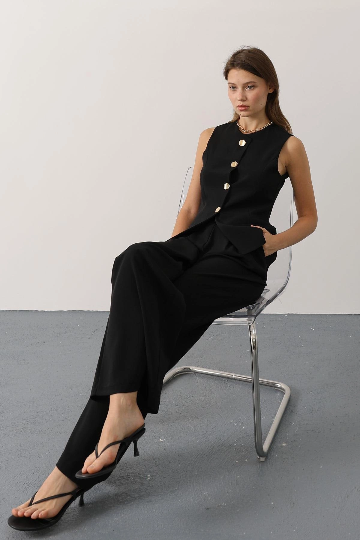 Black Tailored Vest and Wide-Leg Pants Set