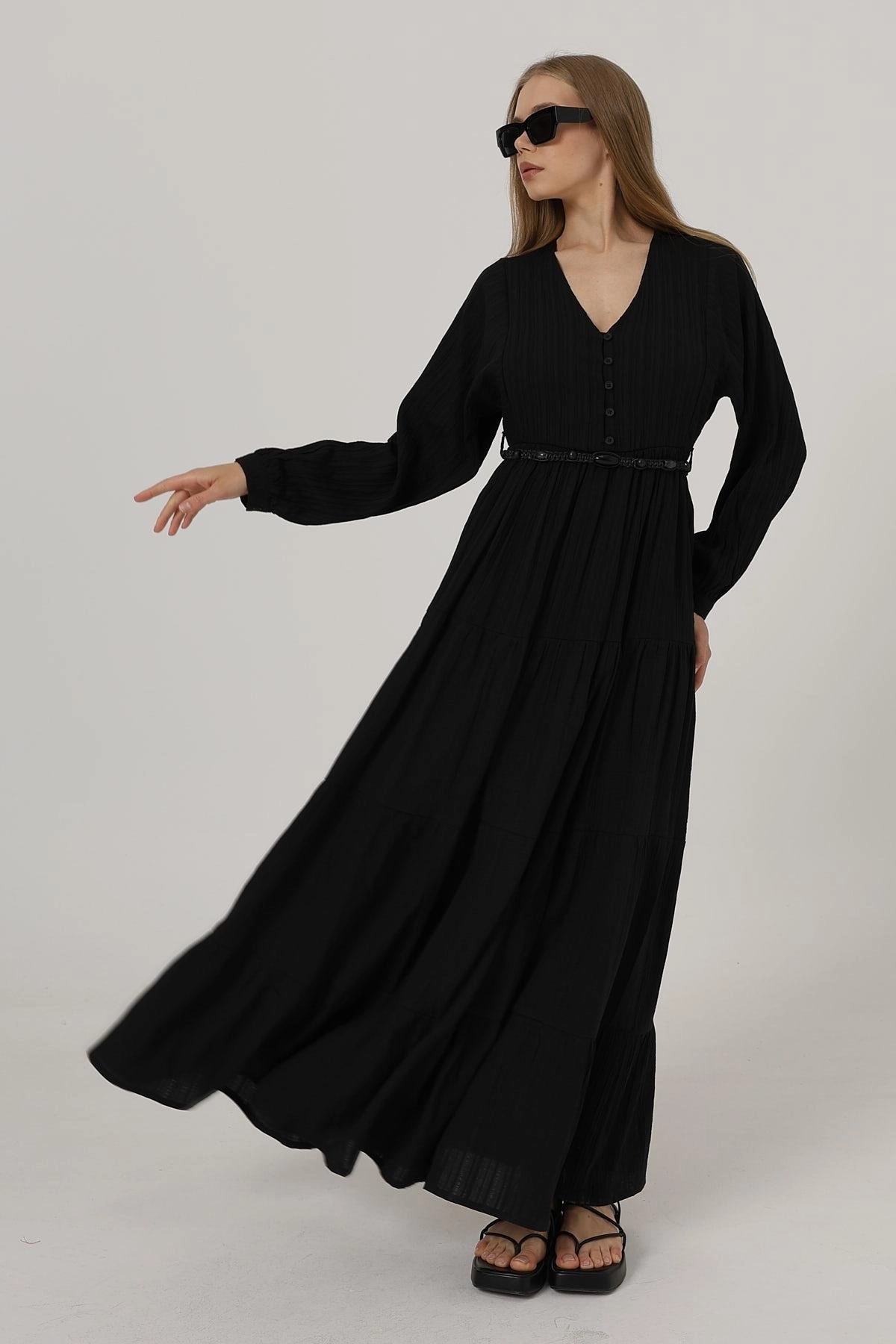 Black Textured V-Neck Buttoned Dress with Beaded Waist Detail