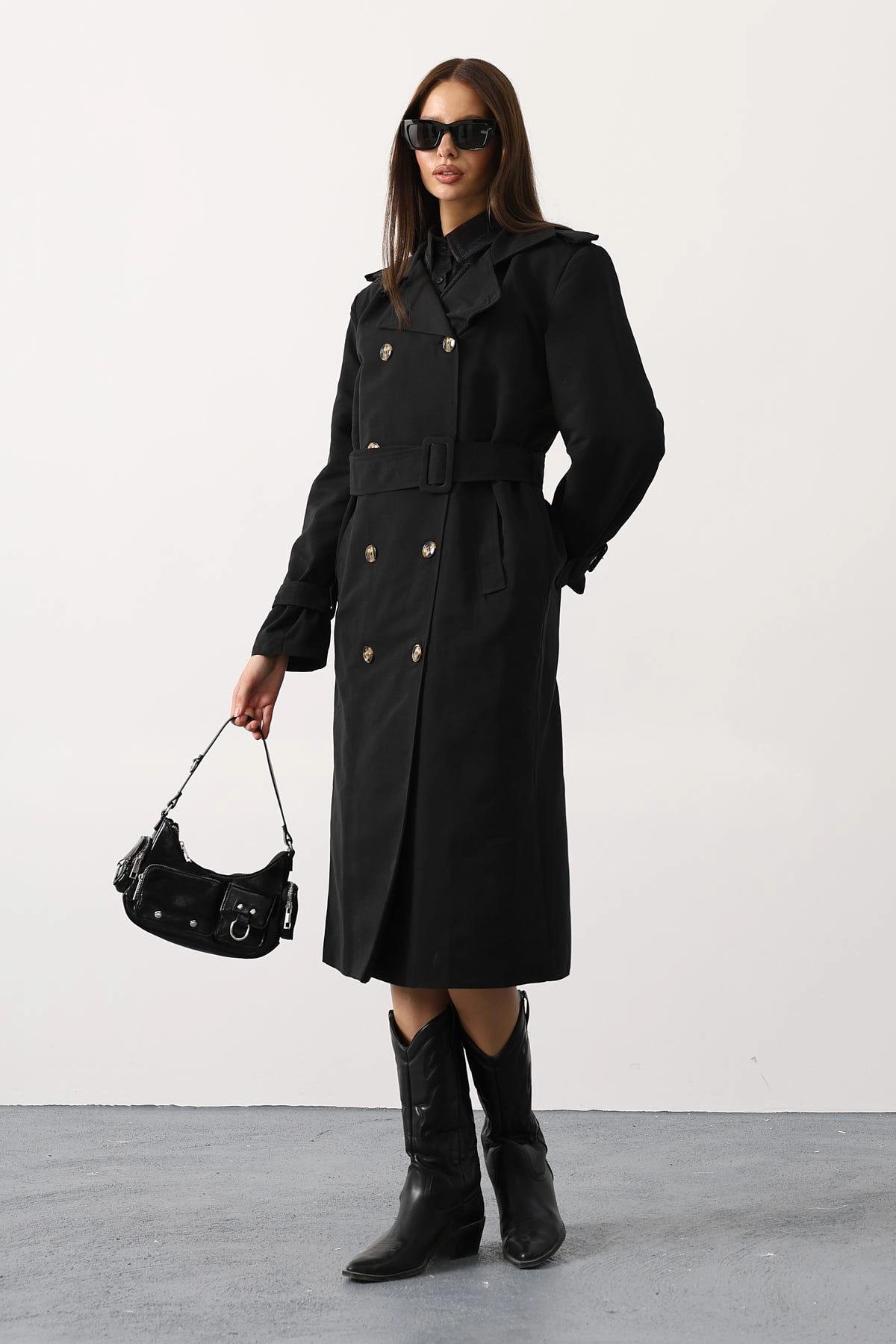 Black Trench Coat Women Double Breasted Long Coat Vintage Style Fashion Outerwear Classic Belted Winter Fall Autumn Duster