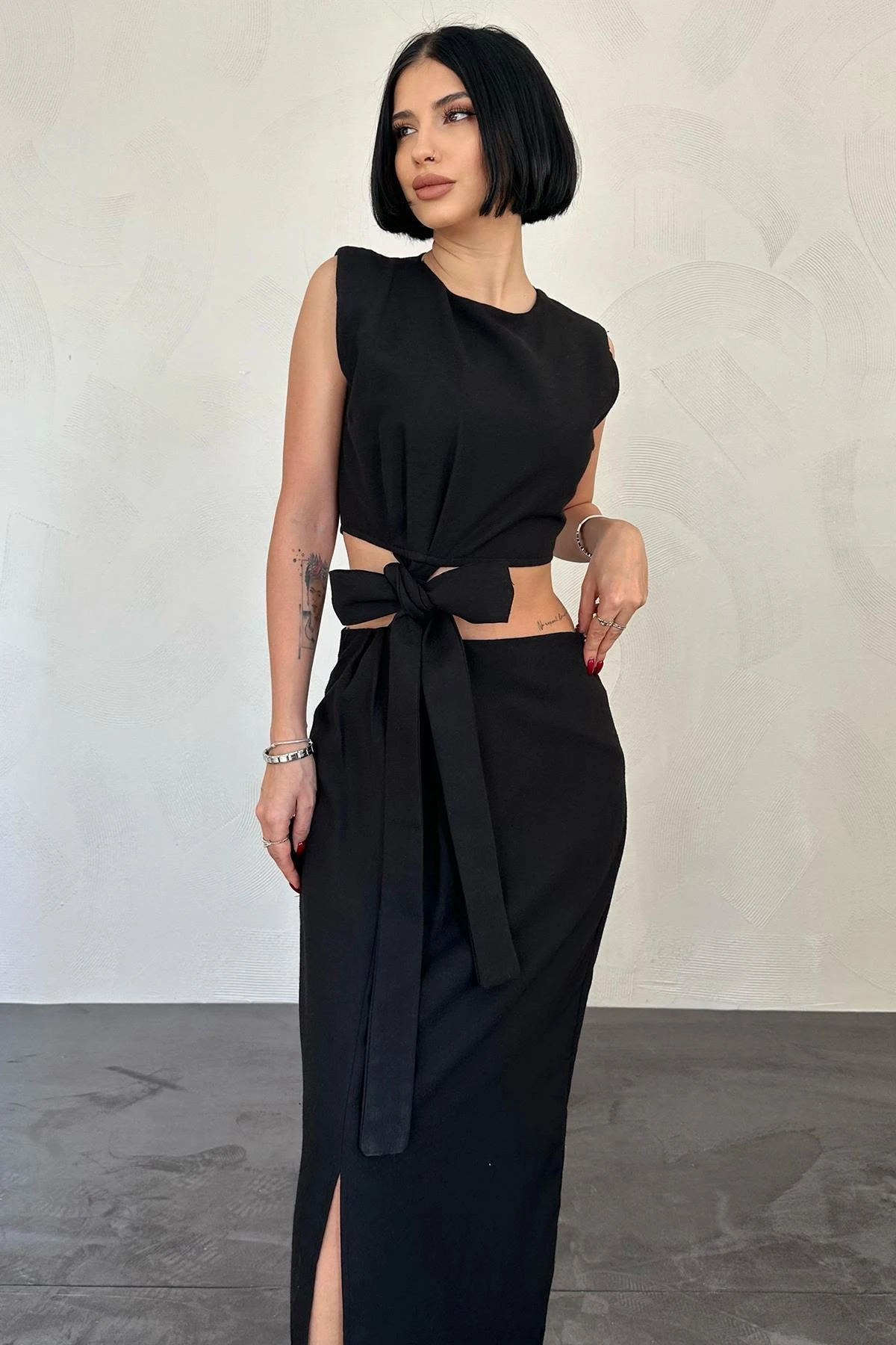 Black Two Piece Set Women Crop Top Wrap Skirt Matching Set