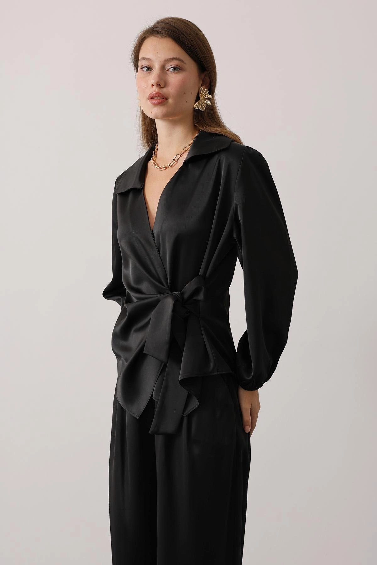 Black Two-Piece Set – Wrap Front Blouse & Wide-Leg Palazzo Pants, Elegant Evening / Cocktail Co-Ord Outfit