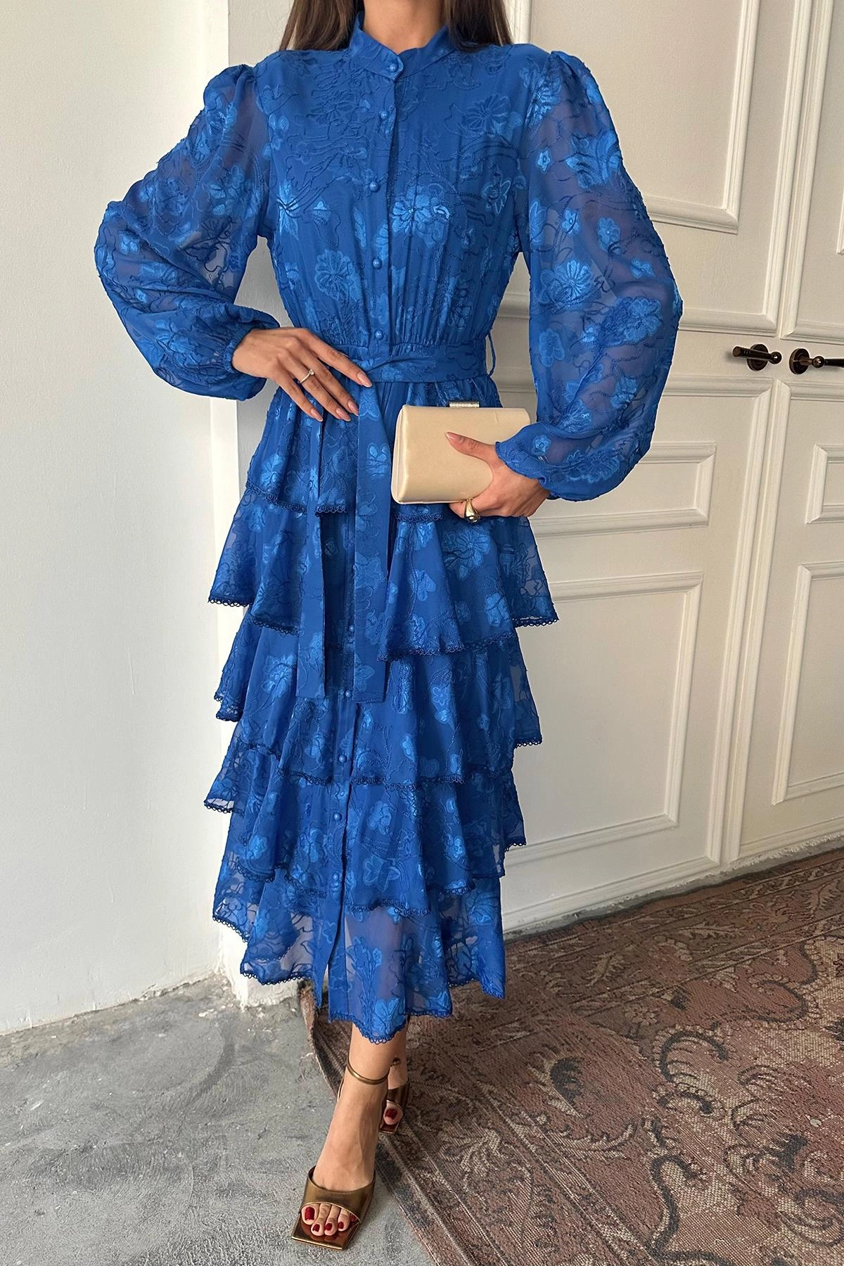 Blue Floral Balloon Sleeve Midi Dress | Boho Prairie Dress with Tiered Ruffles | Wedding Guest Dress | Long Sleeve Button Front Dress