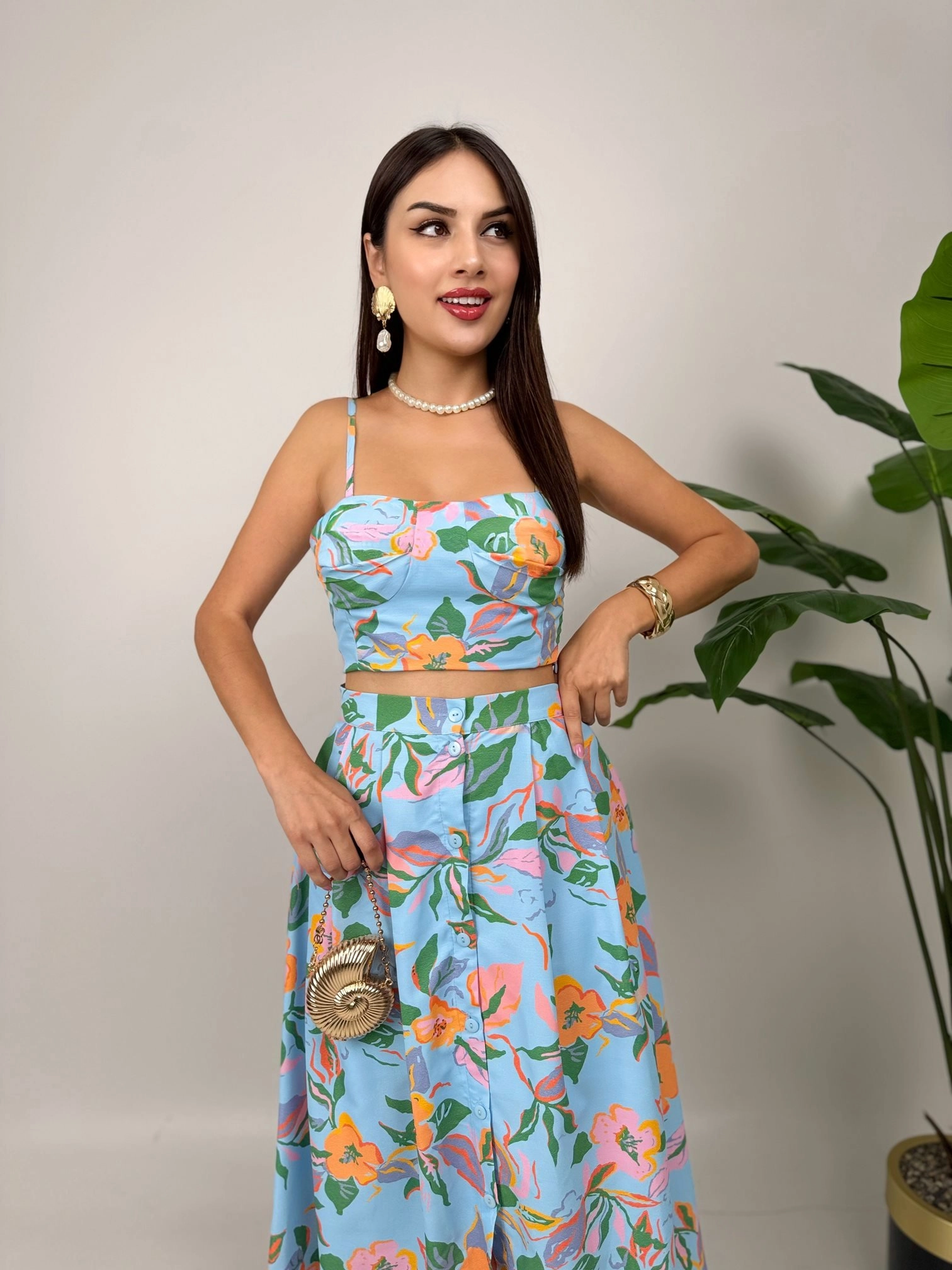 Blue Floral Two Piece Set, Boho Crop Top and Midi Skirt, Romantic Cottagecore Dress for Summer Vacation, Wedding Guest Outfit