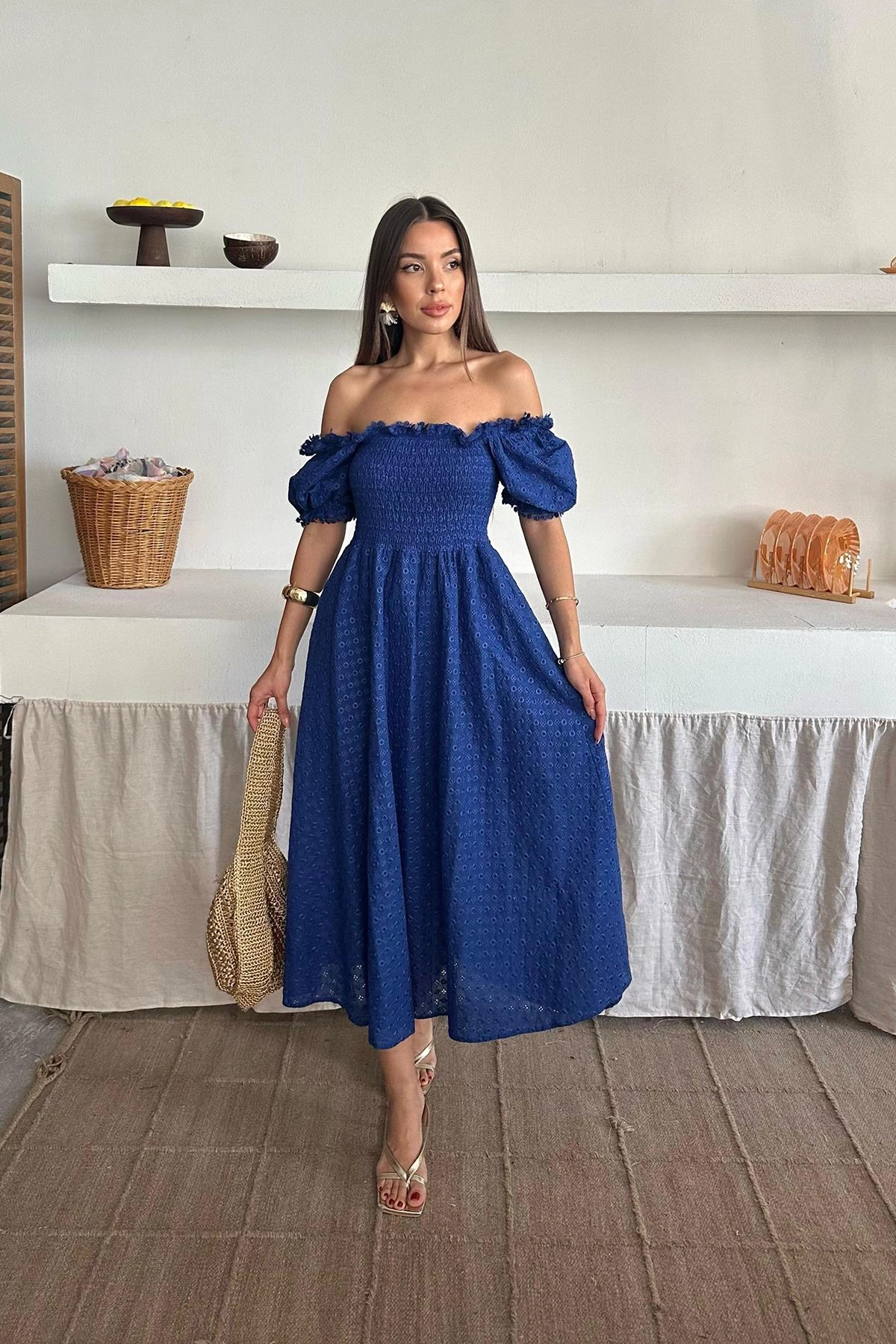 Blue Polka Dot Off Shoulder Midi Dress - Smocked Vintage Style Puff Sleeve A-Line Cottagecore Summer Dress