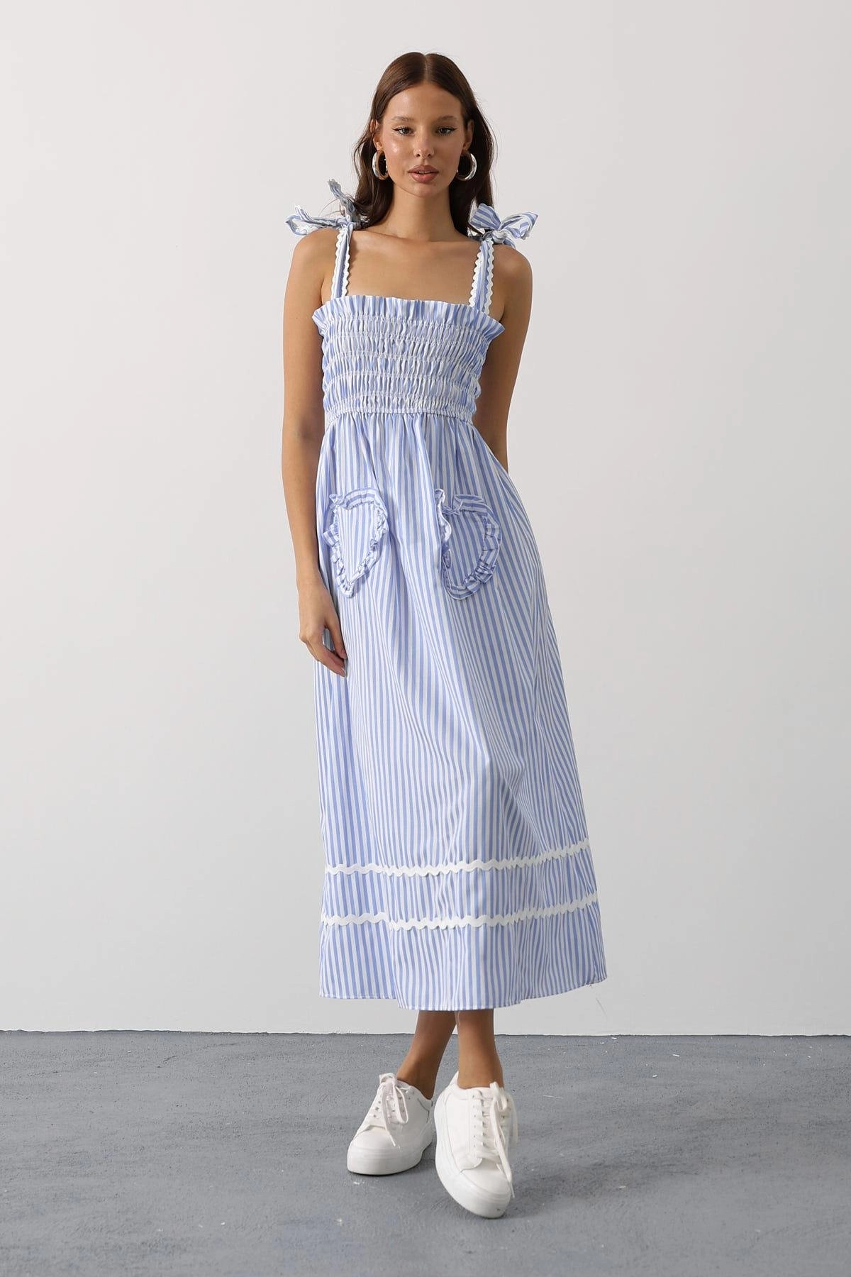 Blue Striped Cottagecore Dress Smocked Bodice Midi Summer Dress Tie Shoulder Straps Prairie Style Vintage Inspired Women Clothing