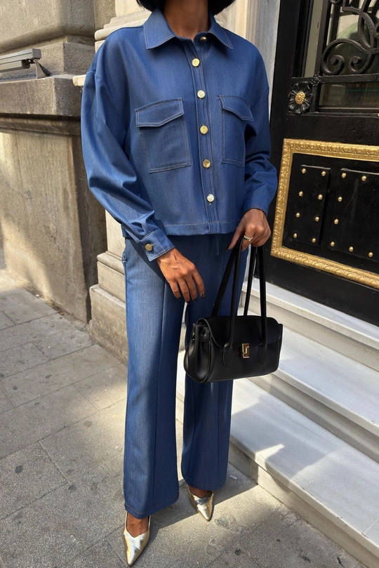 Blue Two Piece Co Ord Set for Women – Wide Leg Pants & Button Down Top | Minimalist Chic Matching Outfit