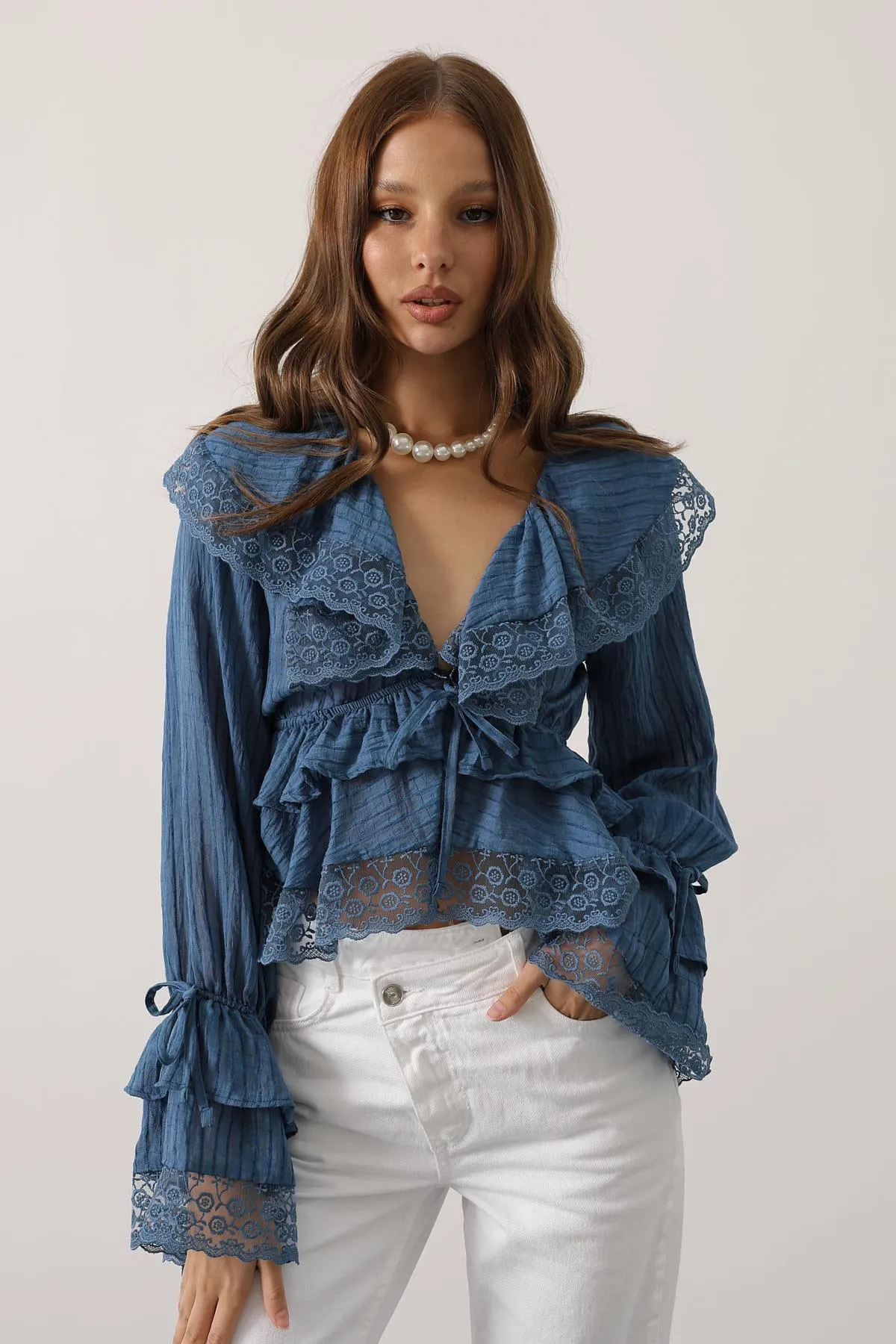 Blue Vintage Lace Ruffle Blouse Romantic Cottagecore Tie Front Long Sleeve Bohemian Victorian Top Women's Shirts