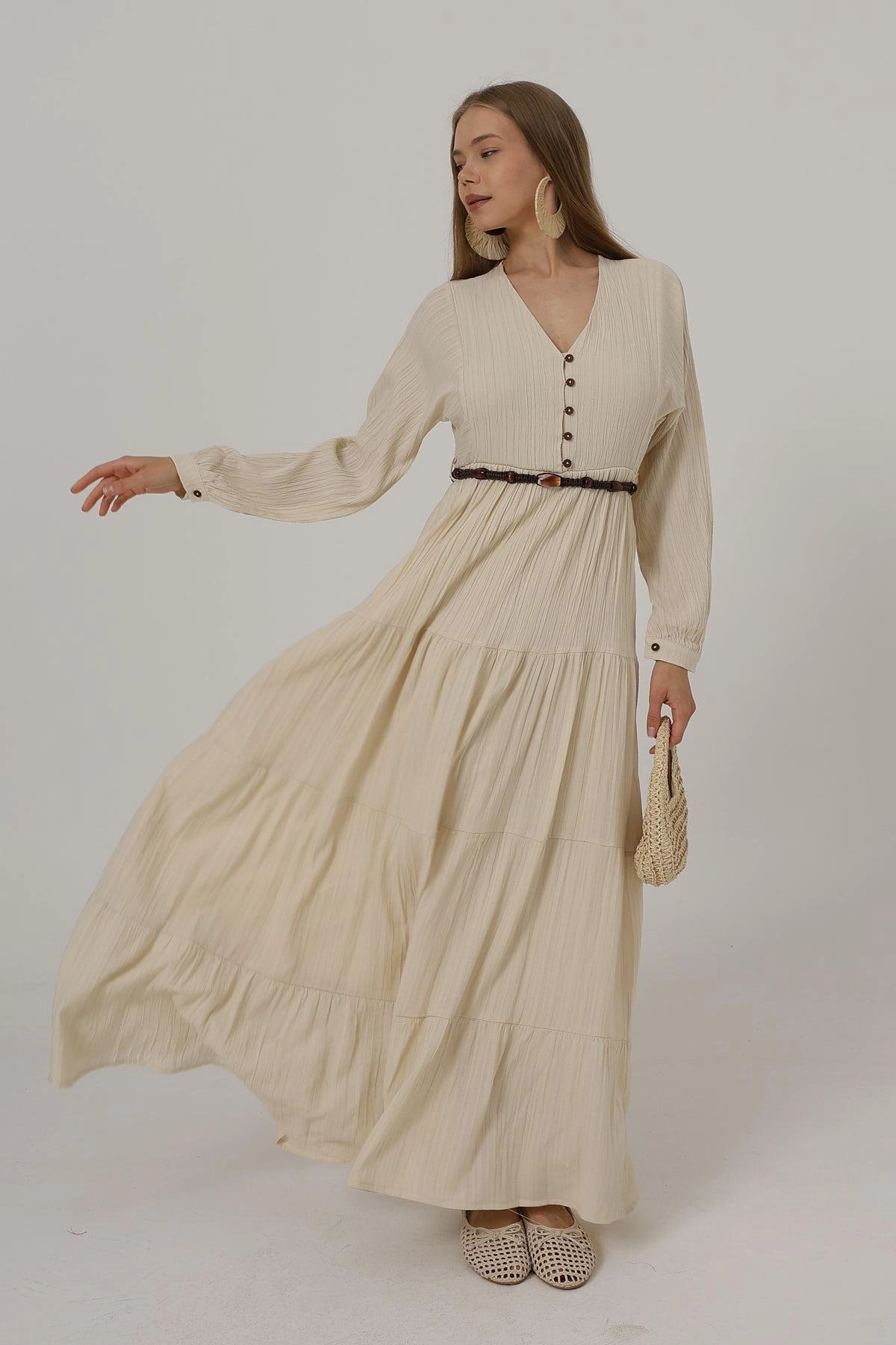 Boho Beige Tiered Maxi Dress with Long Sleeves and Belt - Flowy V-Neck Button Down Gown