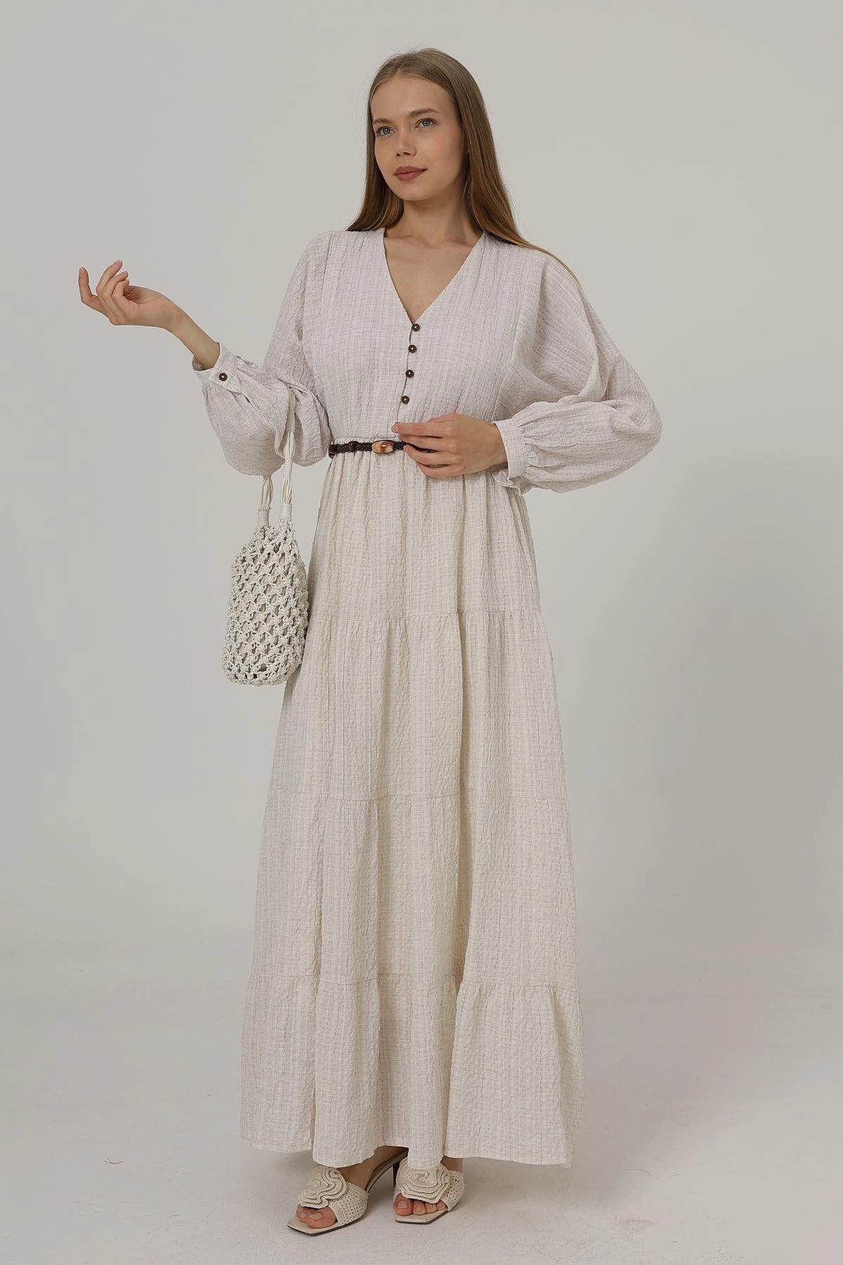 Boho Long Sleeve Tiered Maxi Dress with Button Front & Belt – Lightweight Cream Textured Summer Dress