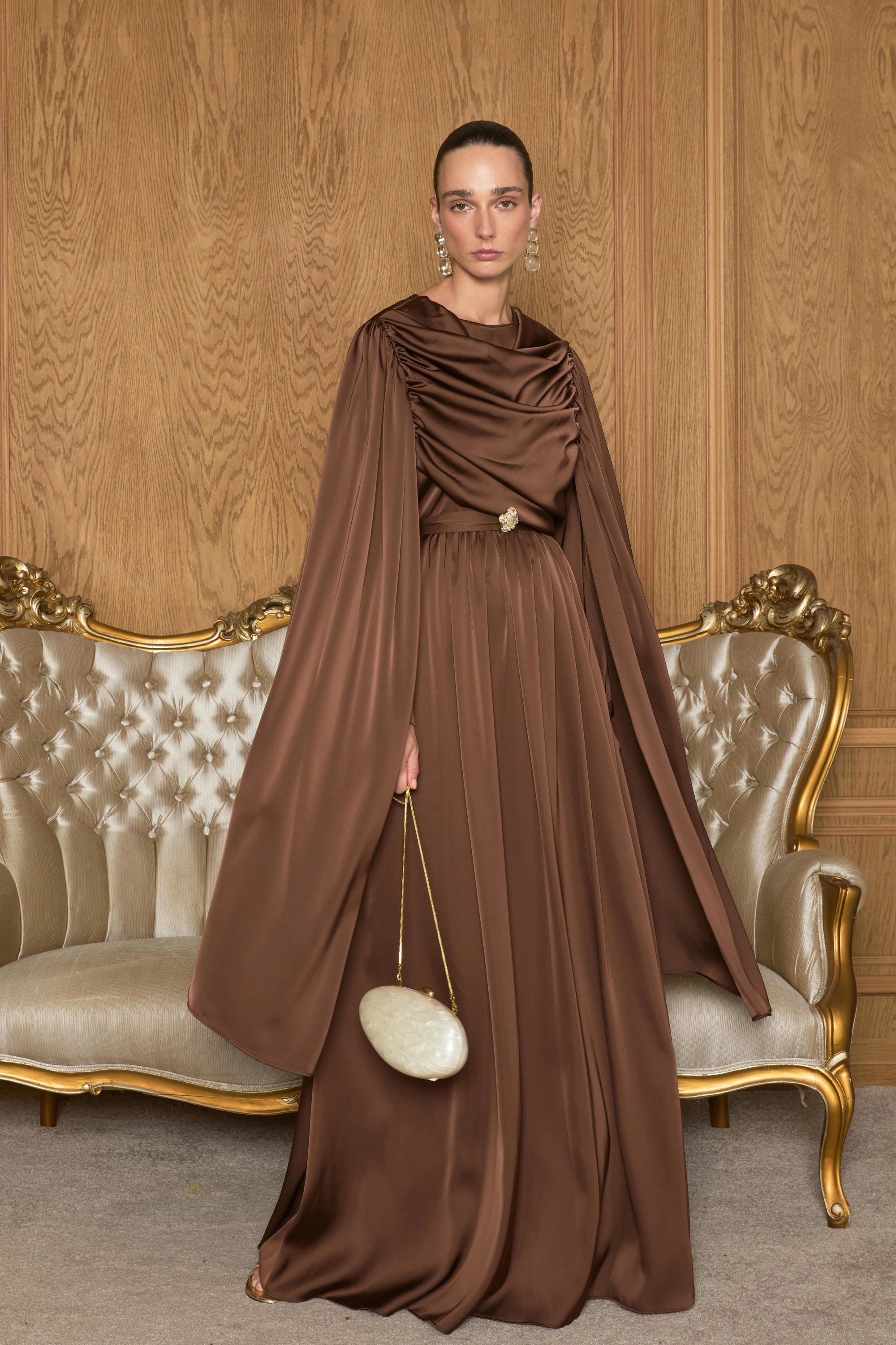 Brown Satin Evening Dress Long Cape Maxi Gown Formal Prom Dress Chocolate Brown Elegant Wedding Guest Outfit