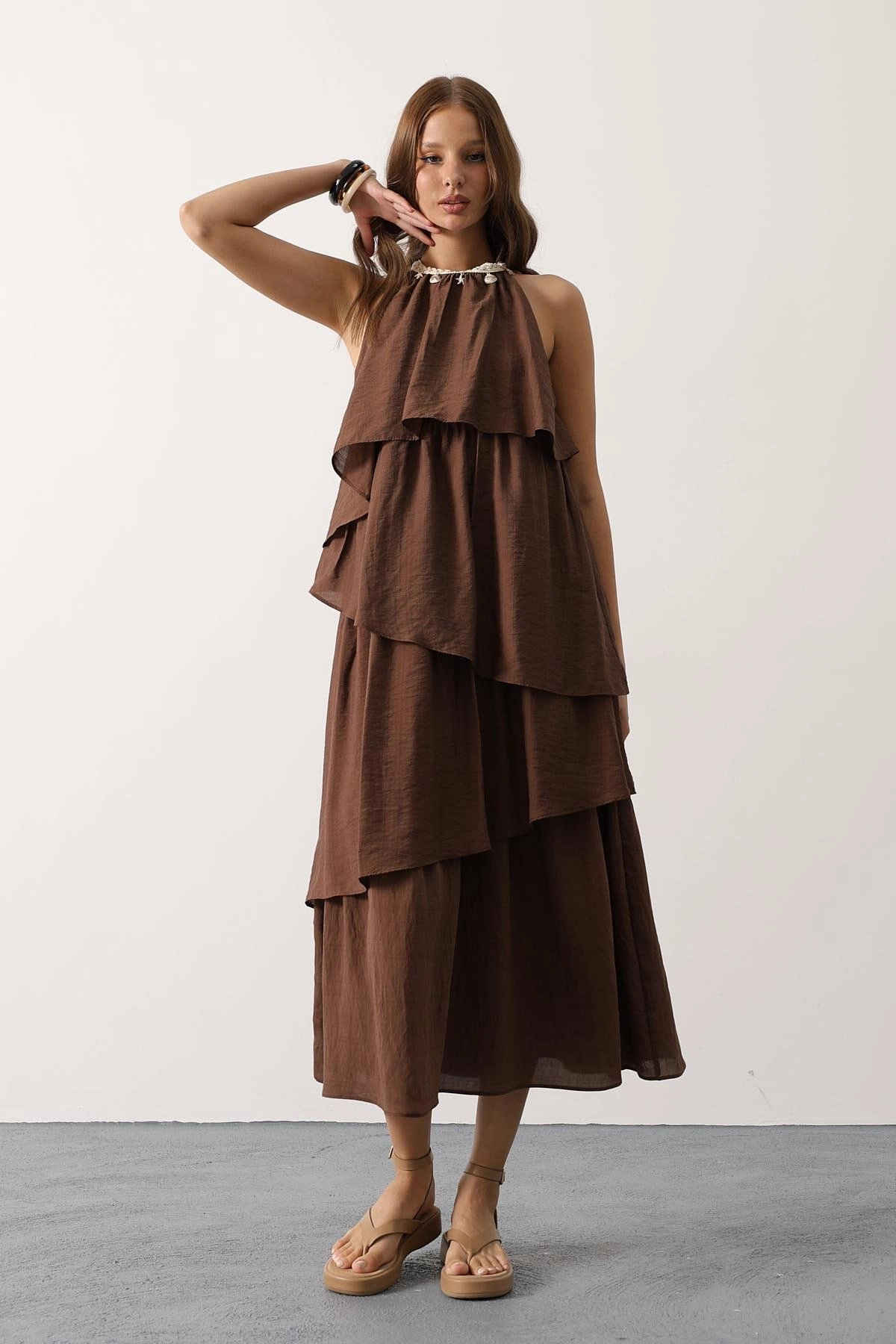 Brown Tiered Halter Maxi Dress Shell Charm Boho Summer Beach Dress Women Bohemian Ruffle Dress
