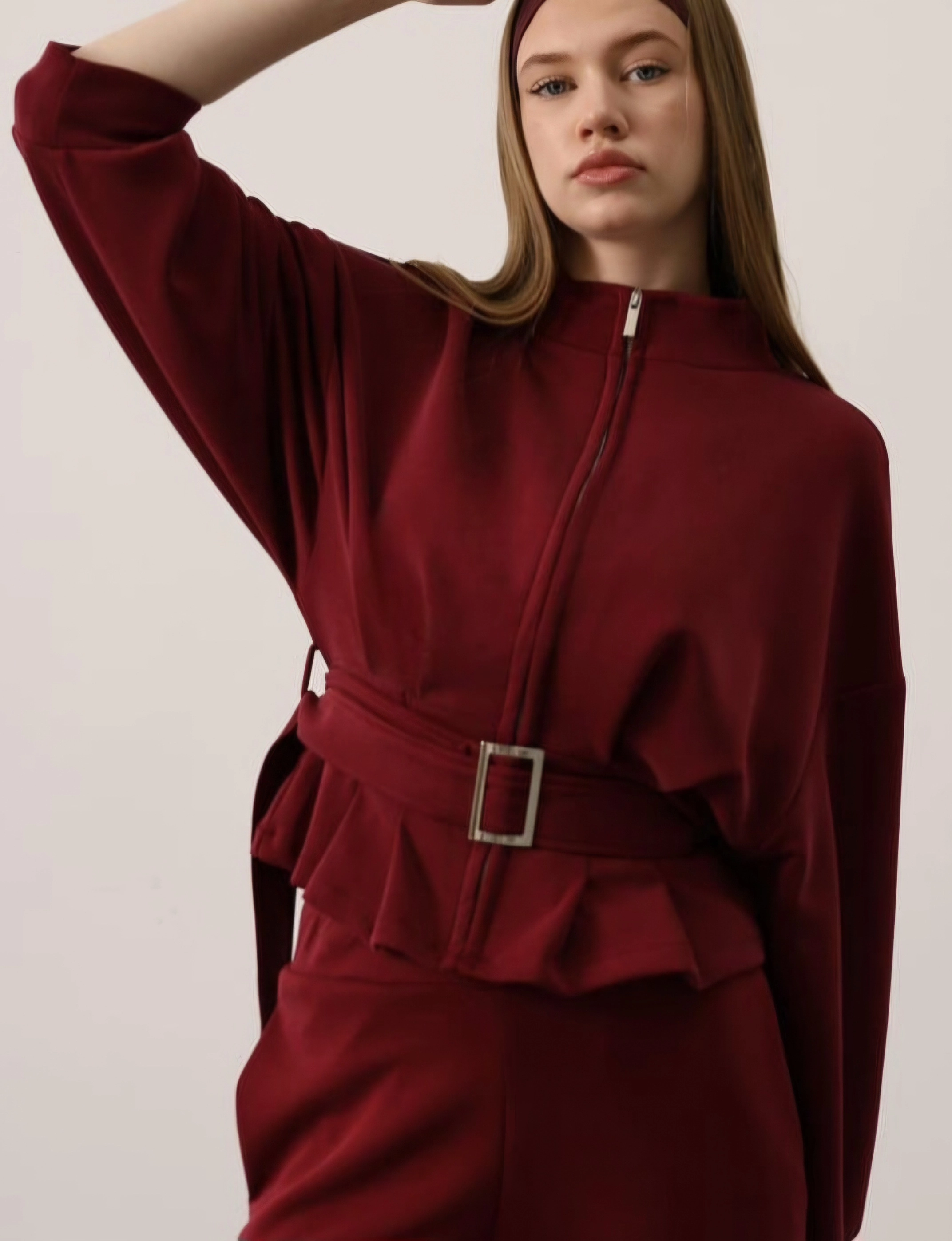 Burgundy Belted Peplum Jacket | High Neck Long Sleeve Zip-Up Sweatshirt