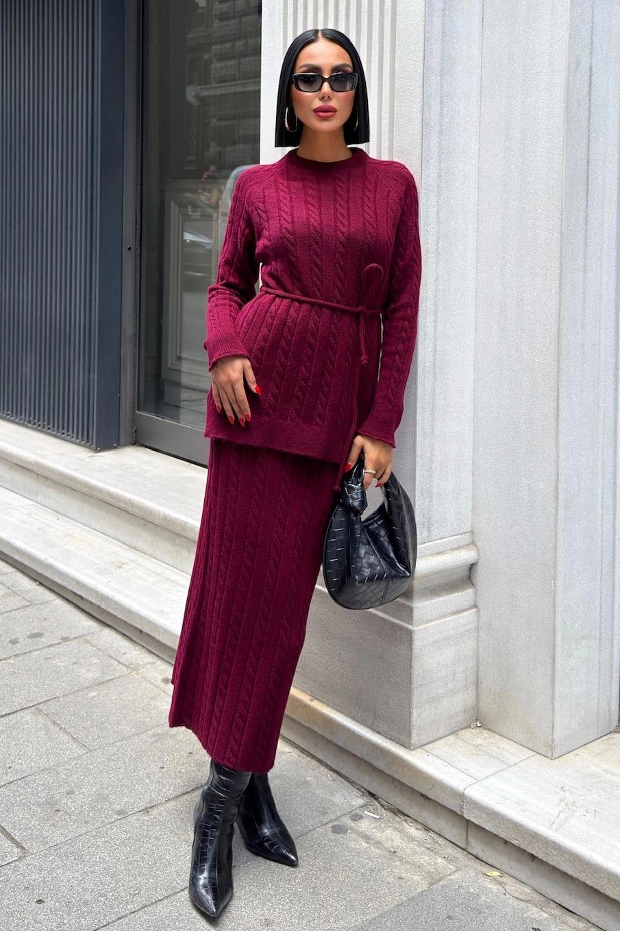 Burgundy Cable Knit Two Piece Set Women Sweater Skirt Matching Outfit Winter Warm Cozy Elegant Casual Chic Fall Fashion