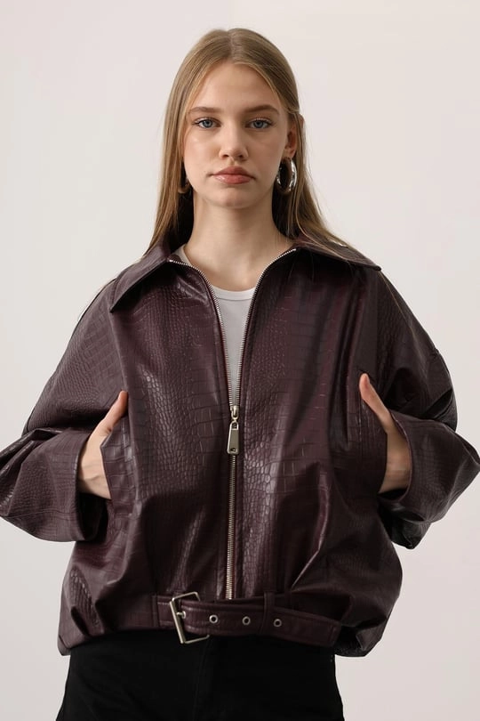 Burgundy Croc Embossed Faux Leather Jacket with Belt – Oversized Women’s Statement Outerwear, Chic Fall Winter Street Style Coat