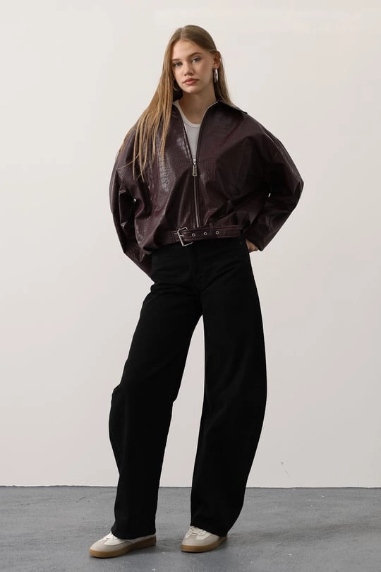 Burgundy Croc Embossed Faux Leather Jacket with Belt – Oversized Women’s Statement Outerwear, Chic Fall Winter Street Style Coat