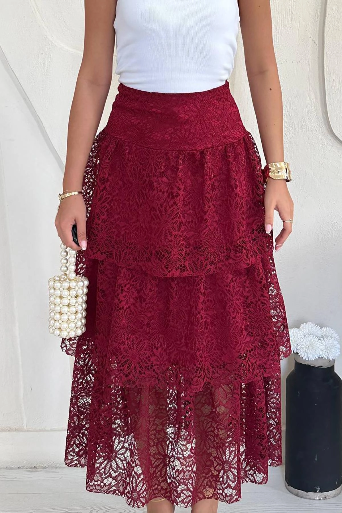 Burgundy Lace Midi Skirt - Romantic Boho Wine Red A-Line Skirt - Vintage Floral Lace Tiered Midi Skirt for Women