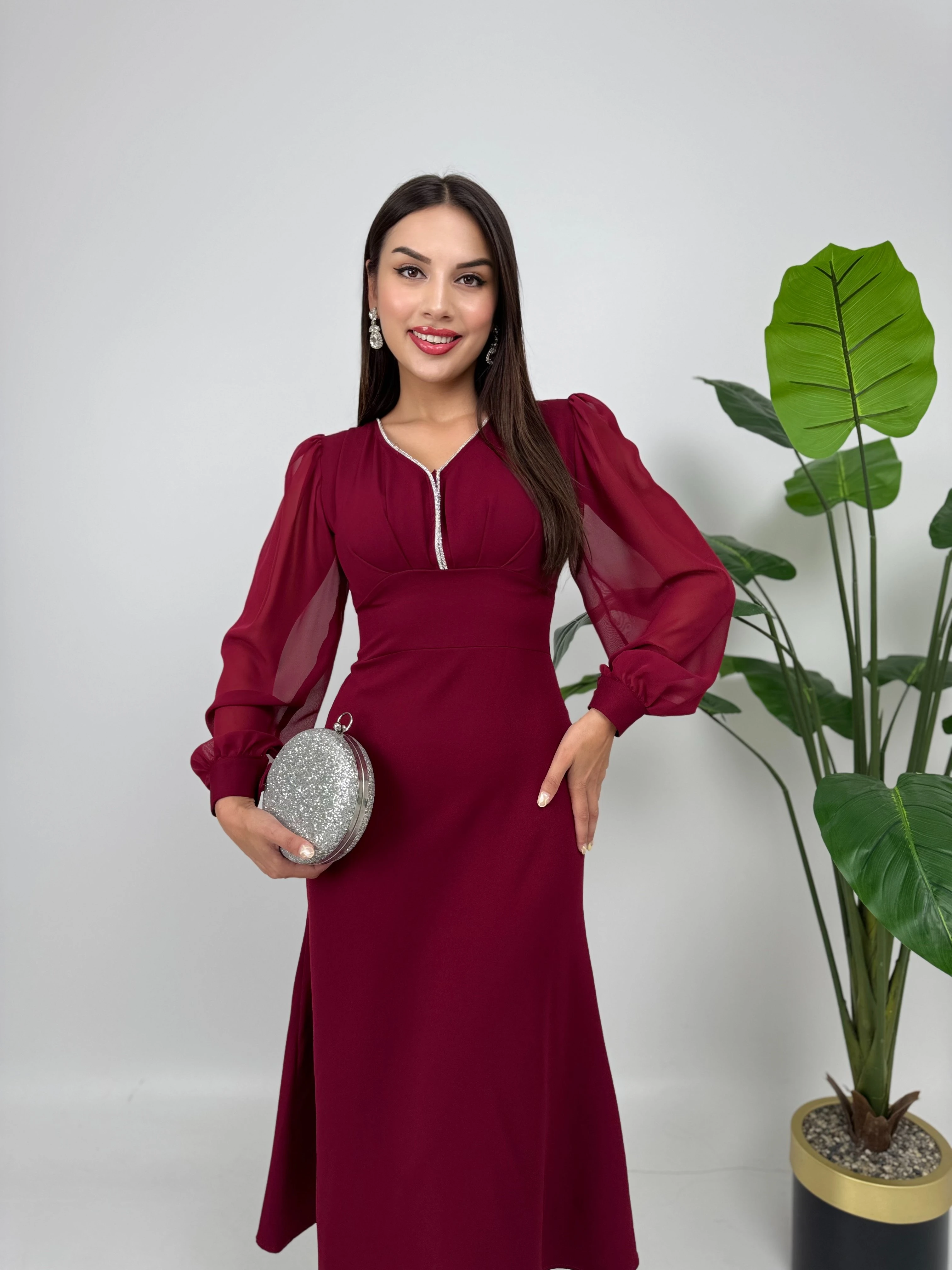 Burgundy Midi Dress Long Sleeve Zip Front Wine Red Women Elegant Formal Wedding Guest Party Dress