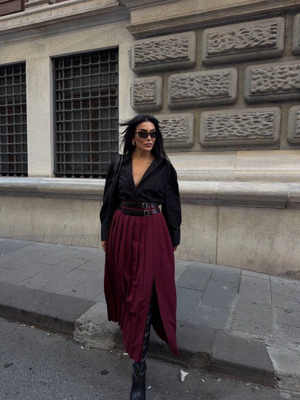 Burgundy Pleated Midi Skirt with Double Belt Harness