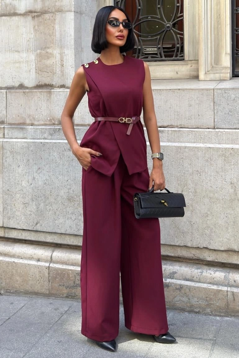 Burgundy Women's Sleeveless Belted Pantsuit - Elegant Wide Leg Two-Piece Workwear Set