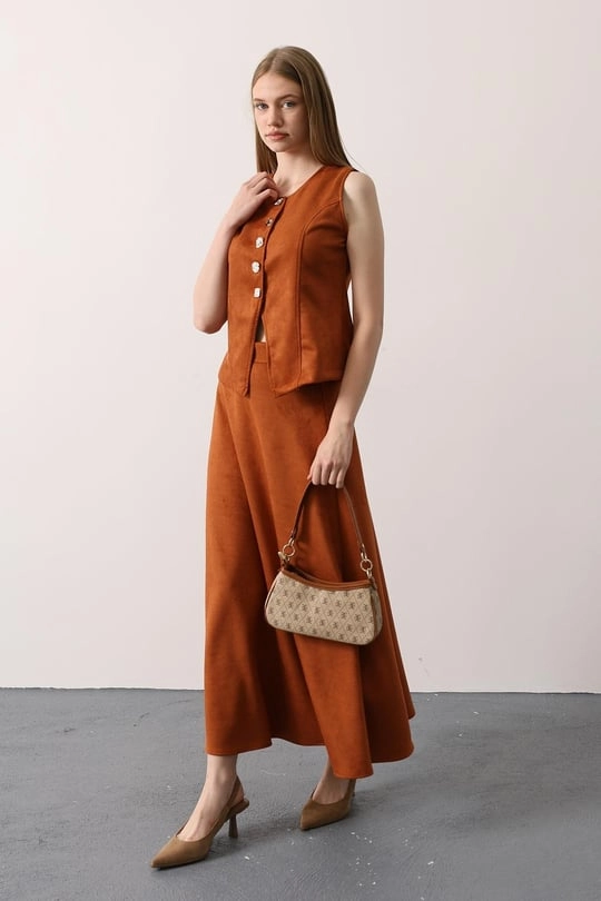 Burnt Orange Maxi Skirt | Tailored Faux Suede Skirt | Vintage 70s Chic