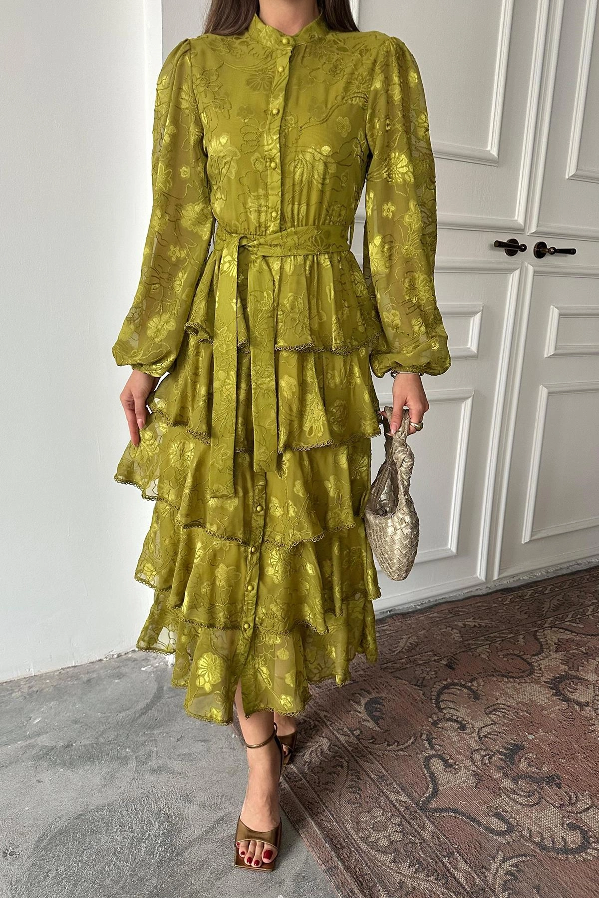 Chartreuse Green Tiered Maxi Dress Long Sleeve Button Front Ruffled Boho Vintage Style Wedding Guest Formal Dress (Character count: 130)