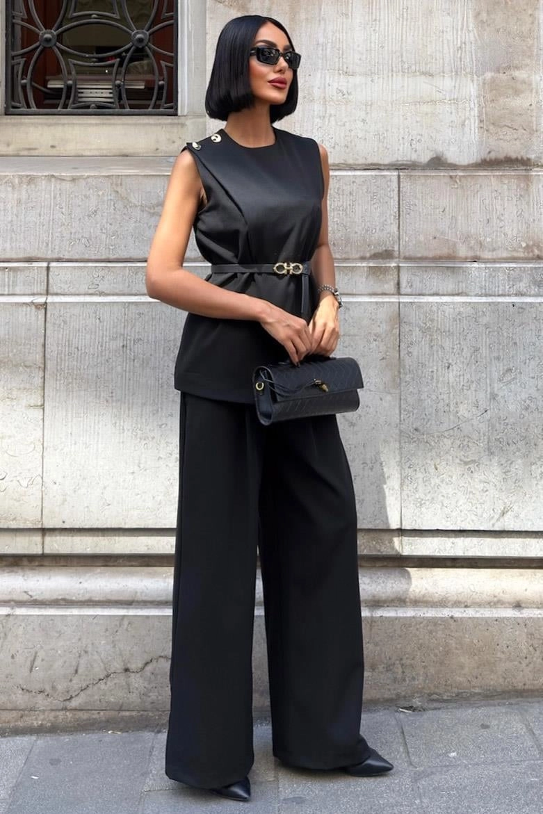 Chic Black Sleeveless Suit Set | Wide Leg Trouser & Vest Co-ord with Belt | Elegant Formal Wear