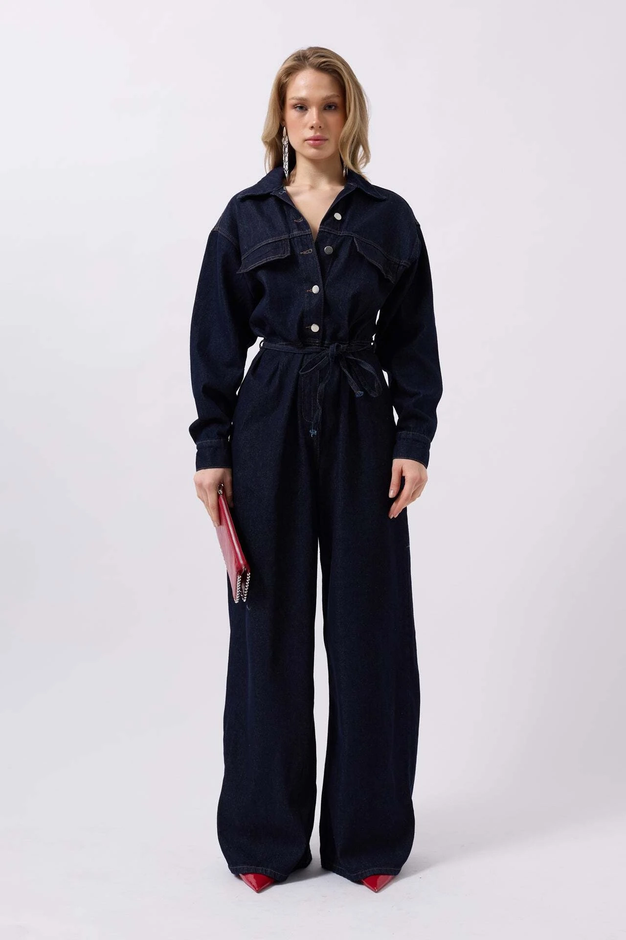 Chic Dark Wash Denim Jumpsuit – Long Sleeve, Belted Waist & Wide-Leg – Tailored Utility Style for Women