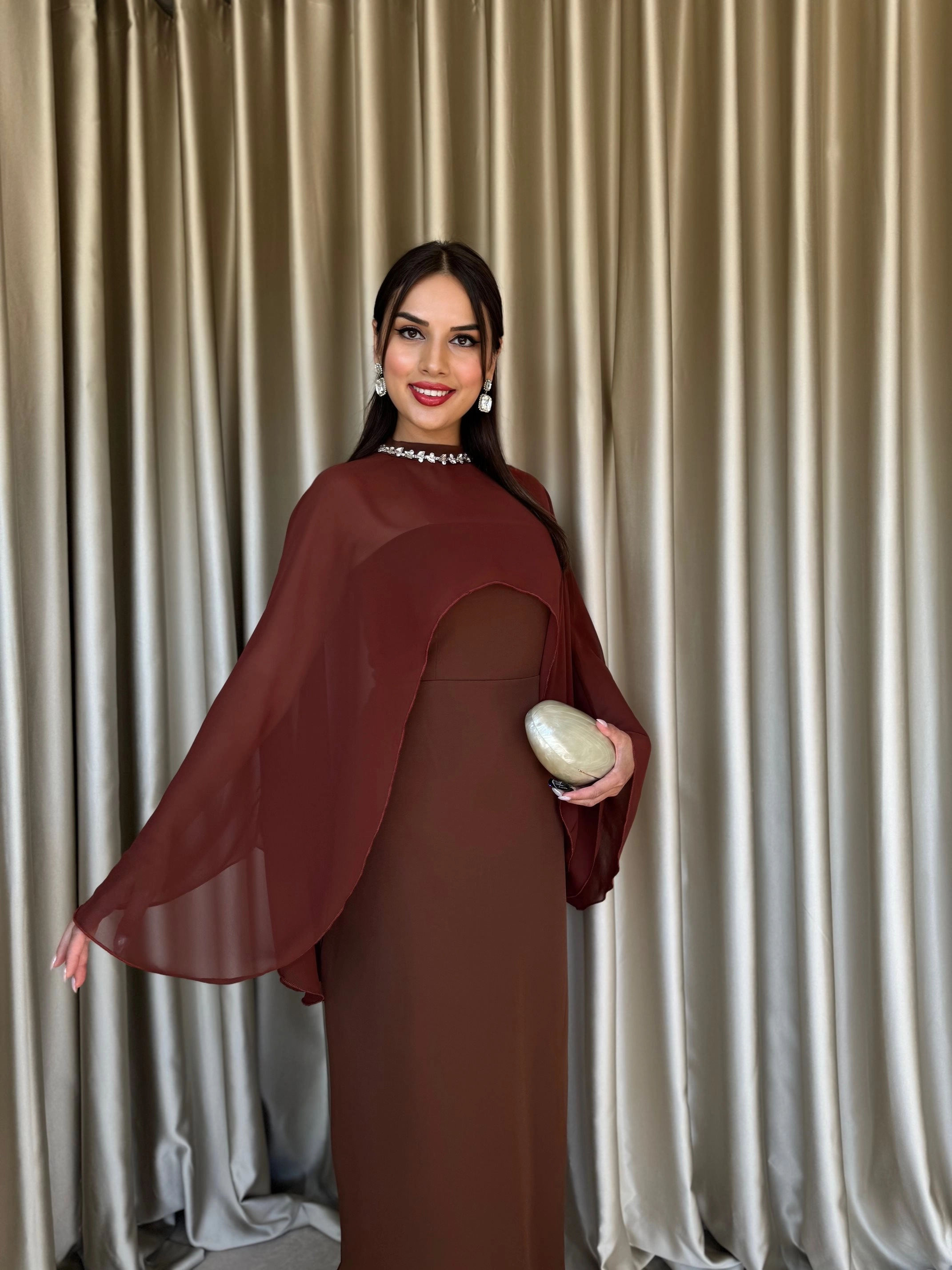 Chocolate Brown Cape Dress with Embellished Neckline, Modest Formal Gown, Elegant Mother of the Bride Dress, Wedding Guest Maxi Dress