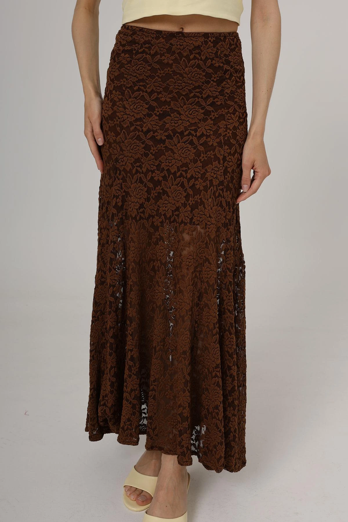 Chocolate Brown Lace Midi Skirt Feminine High Waist Design
