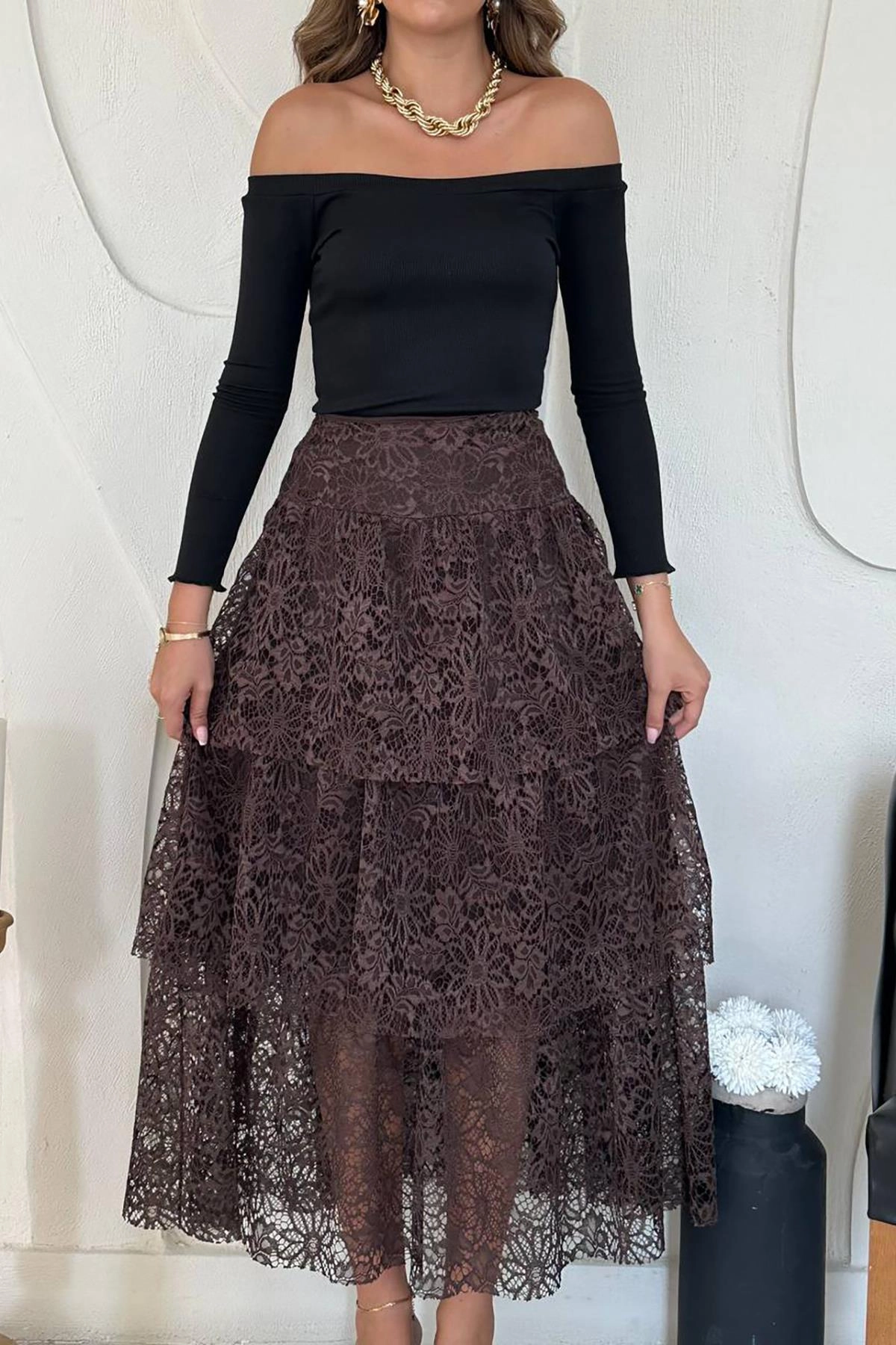 Chocolate Brown Lace Midi Skirt | Bohemian Tiered Semi-Sheer A-Line Skirt | Vintage Romantic High Waisted Party Skirt
