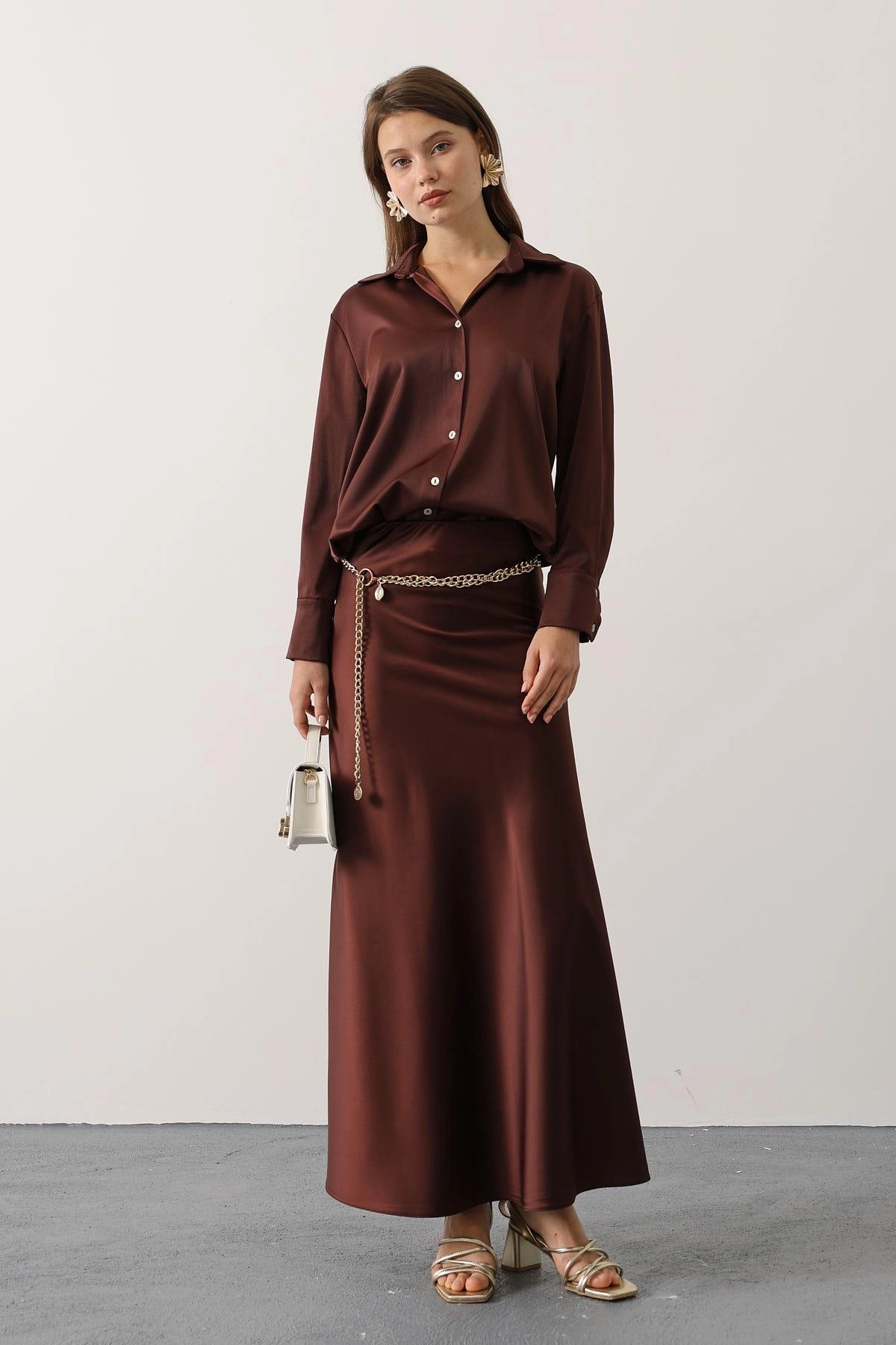 Chocolate Brown Satin Maxi Skirt, High Waist Bias Cut Long Slip Skirt, Old Money Aesthetic Skirt