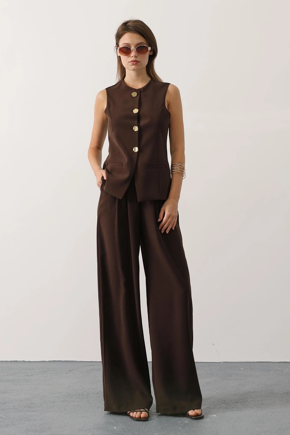 Chocolate Brown Suit, Tailored Vest & Wide Leg Pants Set, Quiet Luxury Office Outfit