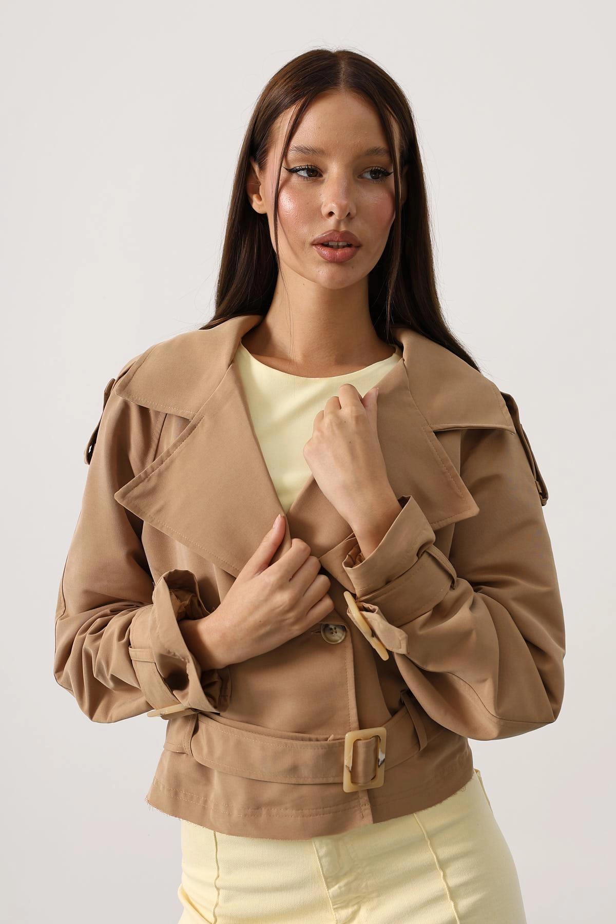 Cropped Belted Trench Coat Camel Short Double Breasted Women's Jacket