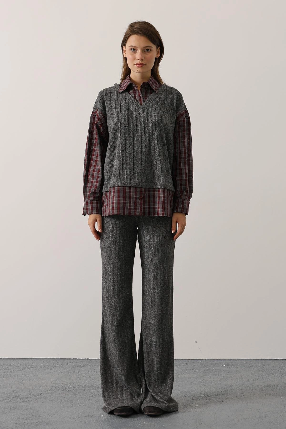 Dark Academia Knit Suit, Ribbed Sweater Vest and Wide Leg Pants Set