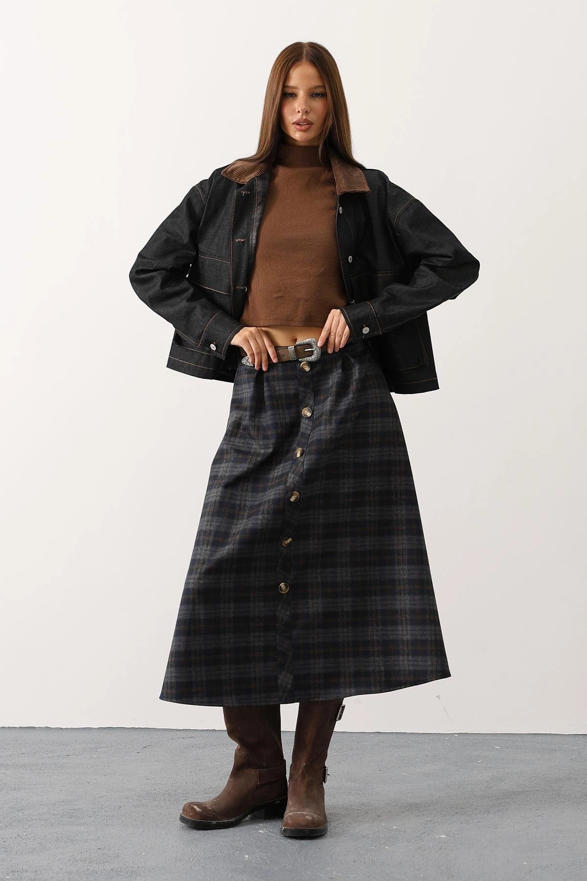 Dark Academia Plaid Wool Skirt, High Waist Button Front Midi Skirt, Vintage Style A-Line Tartan Skirt for Women, Fall Winter Fashion