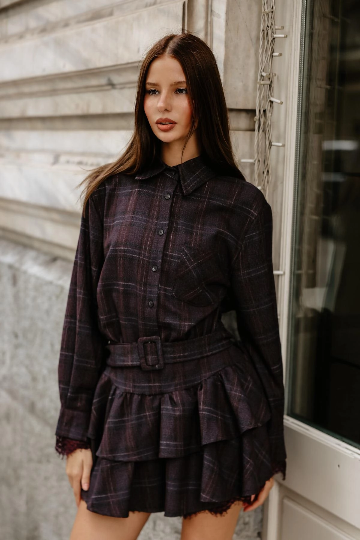 Burgundy Vintage Plaid Ruffled Mini Dress with Belt and Lace Trim