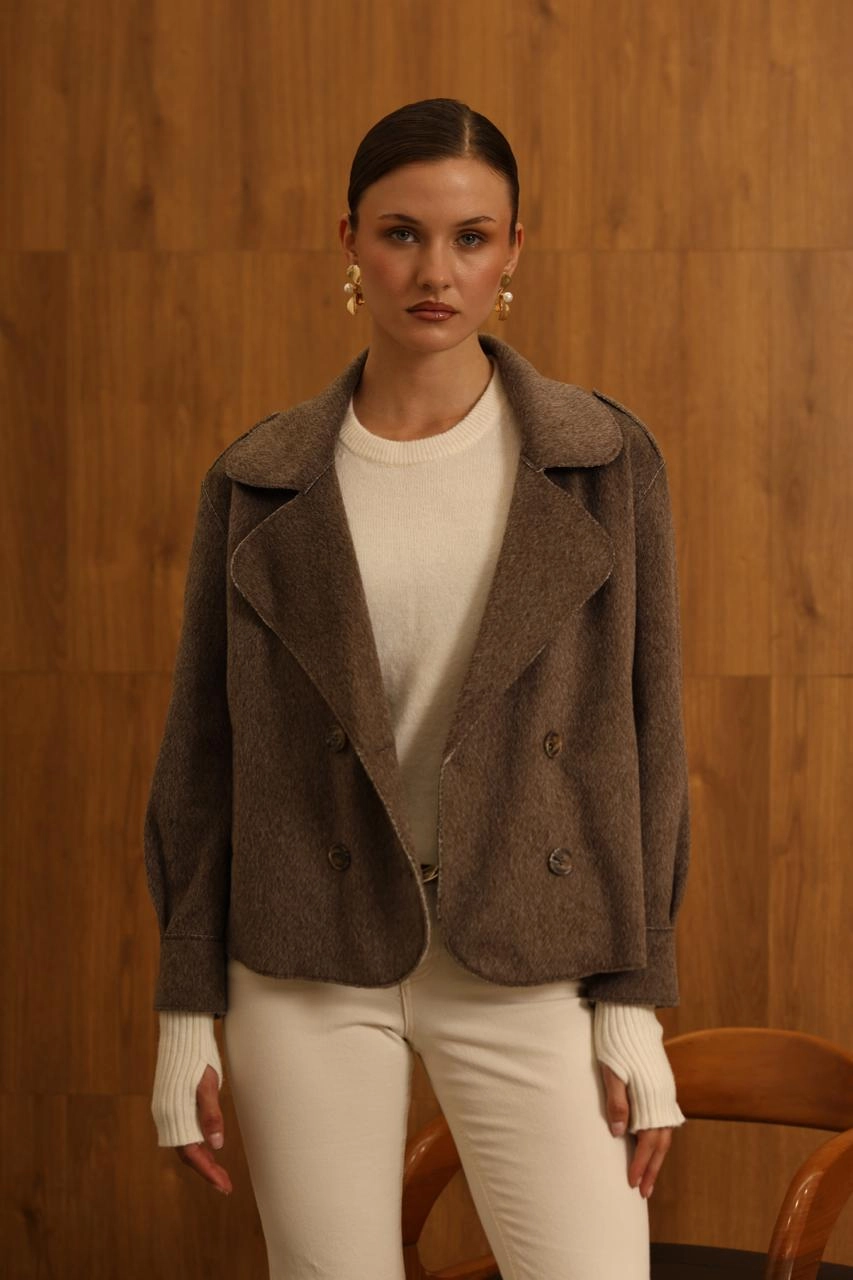 Double Breasted Wool Blazer Women | Taupe Brown Cropped Jacket | Oversized Boxy Fit Notched Lapel Office Blazer | Vintage Tailored Coat