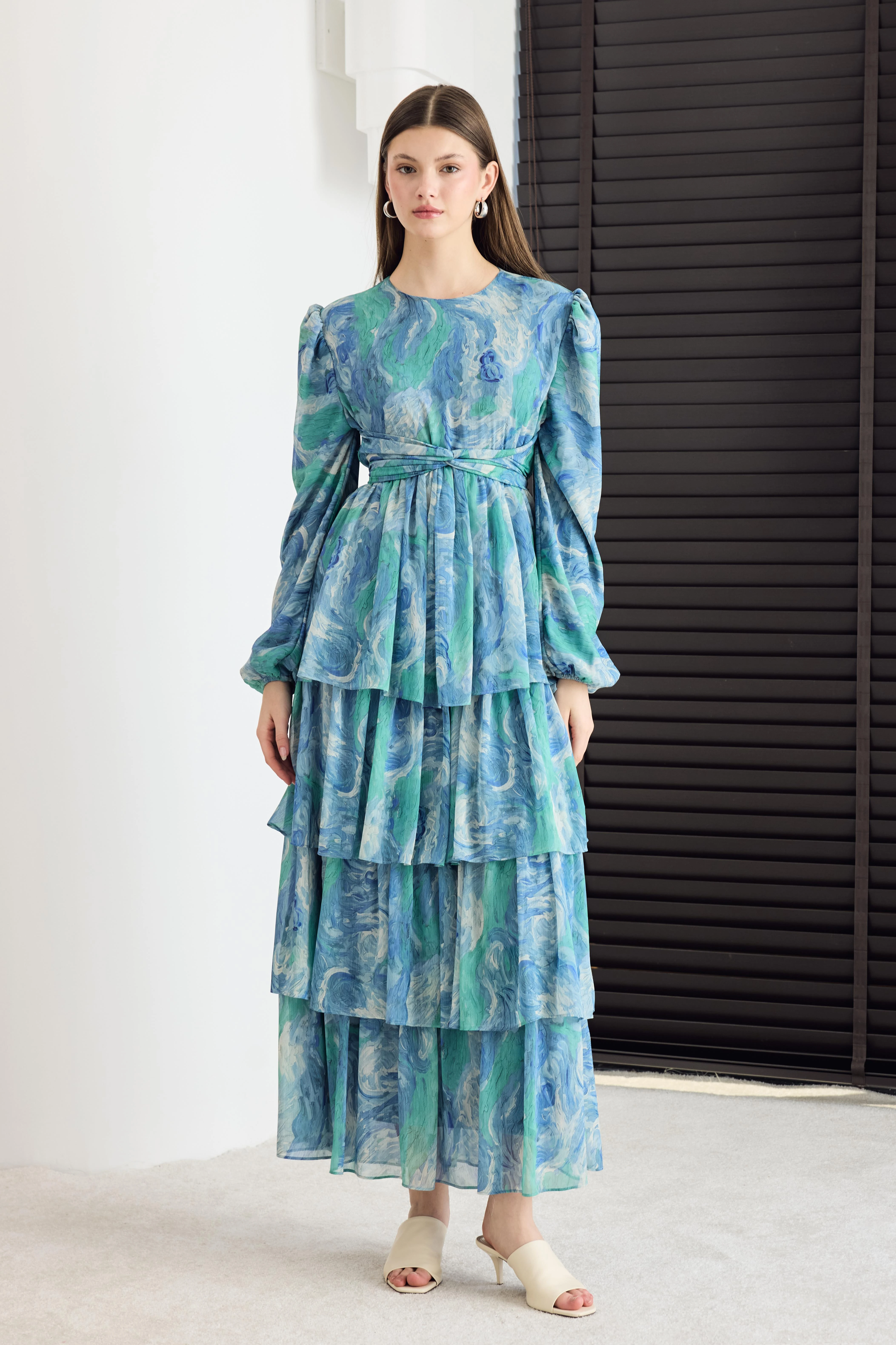 Dreamy Watercolor Tiered Dress Elegant Blue-Green Print Maxi Dress