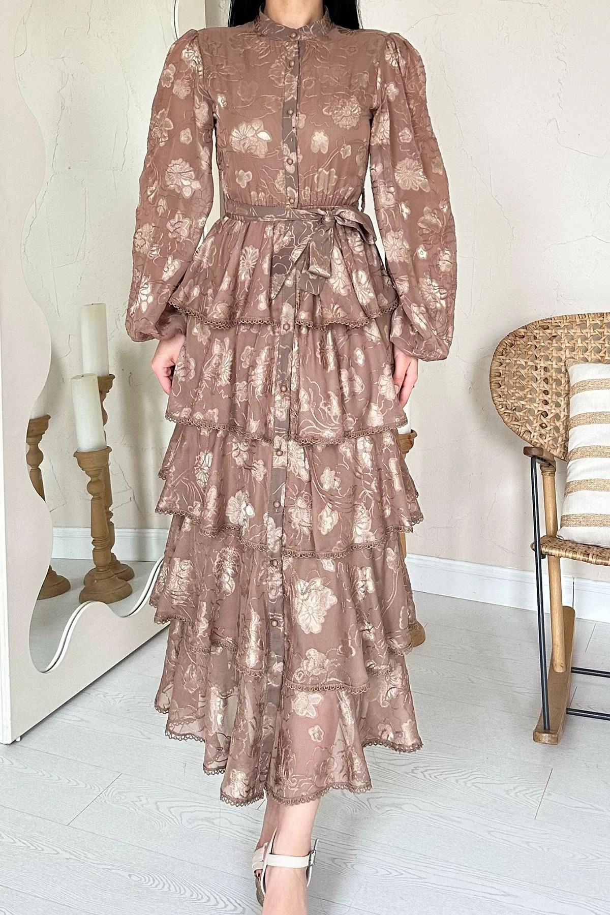 Dusty Rose Floral Maxi Dress Mock Neck Tiered Ruffle Bishop Sleeves Boho Wedding Guest Prairie Vintage