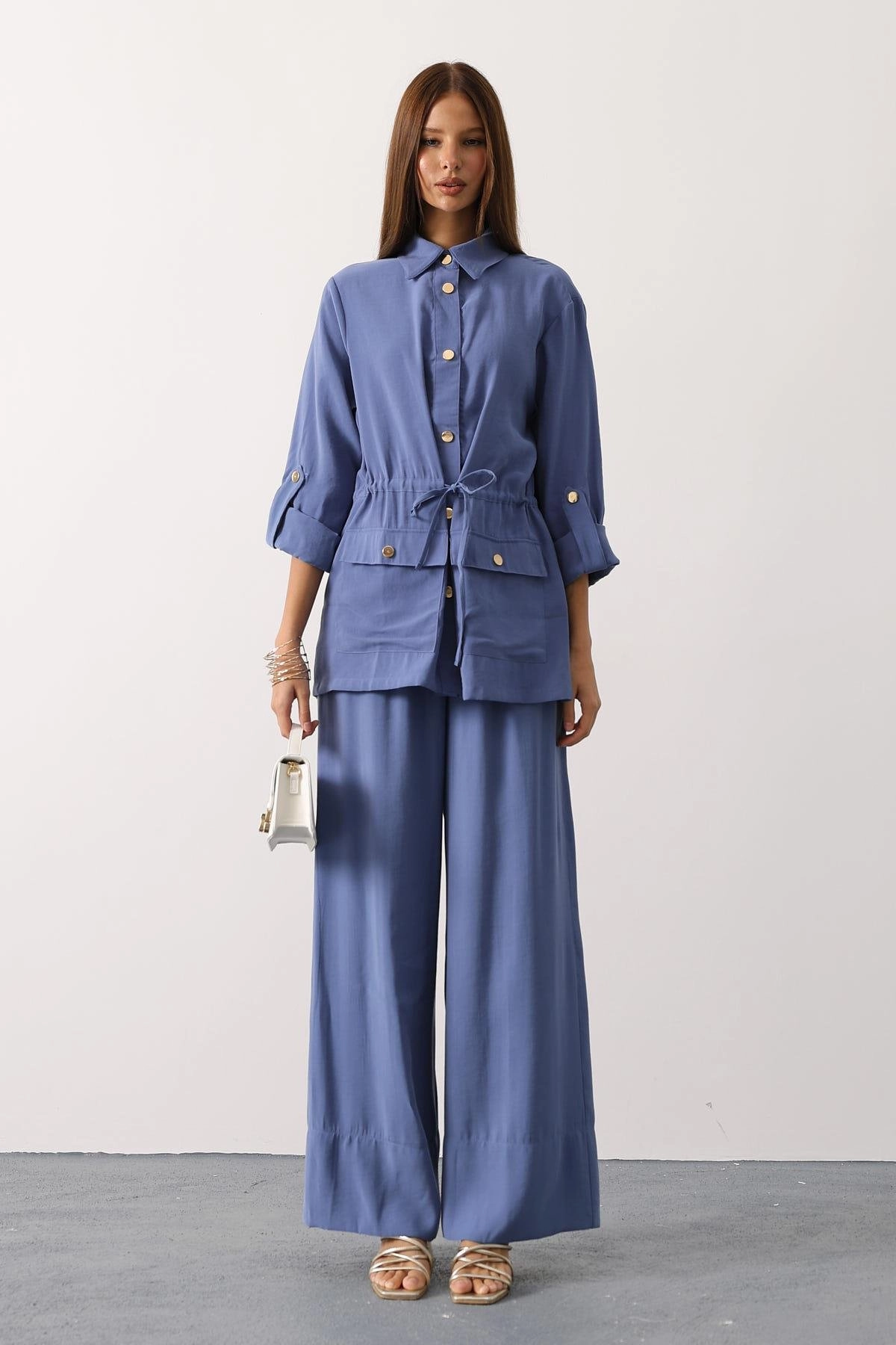 Elegant Blue Wide Leg Pantsuit with Buttoned Belted Jacket – Comfortable, Stylish Two-Piece Set for Women