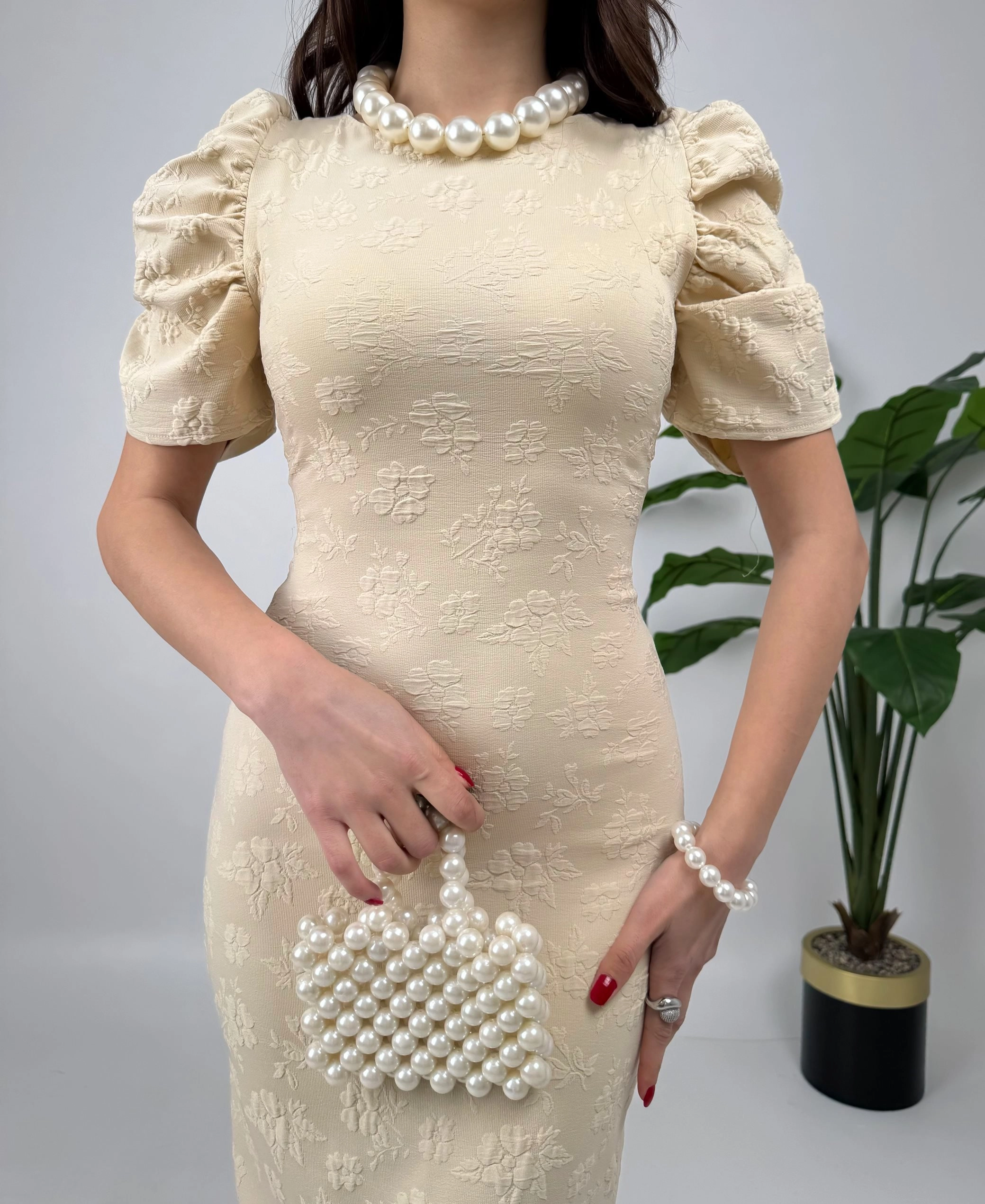 Elegant Cream Puff Sleeve Midi Dress, Jacquard Bodycon for Wedding Guest, Formal Cocktail Party, Sophisticated Special Occasion Pencil Dress