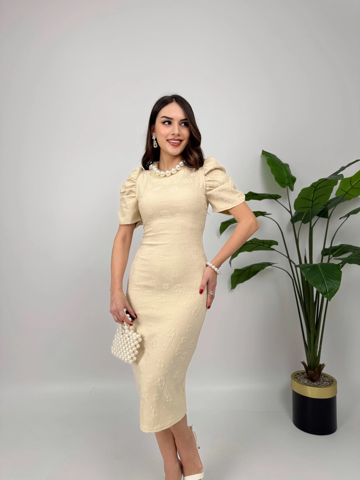 Elegant Cream Puff Sleeve Midi Dress, Jacquard Bodycon for Wedding Guest, Formal Cocktail Party, Sophisticated Special Occasion Pencil Dress