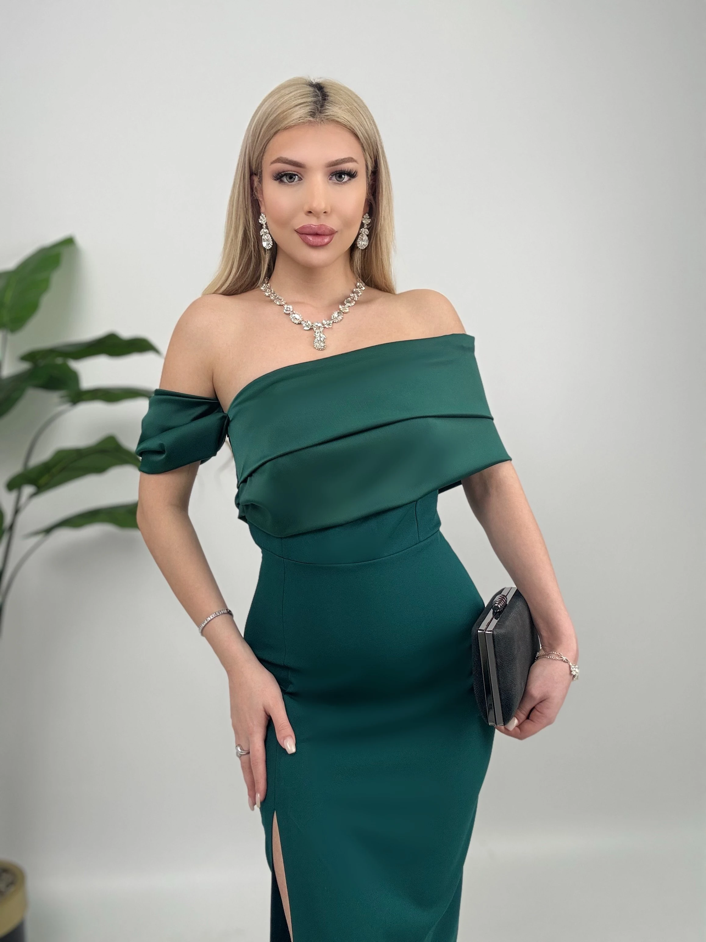 Emerald Green Off Shoulder Formal Dress Women Long Evening Gown Wedding Guest Maxi Dress with Slit