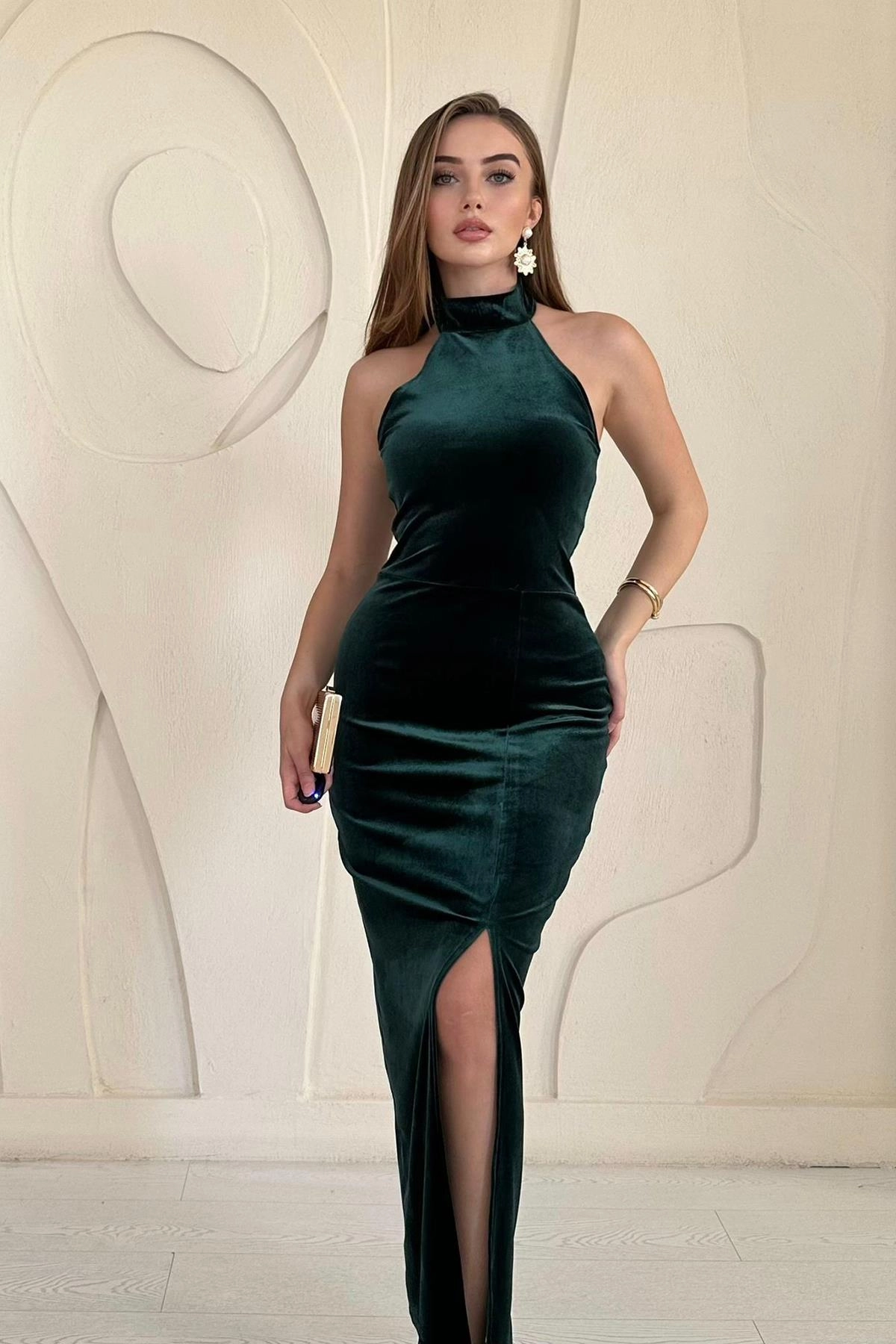 Emerald Green Velvet Halter Dress | Bodycon Maxi with Side Slit | Wedding Guest Cocktail Evening Gown | Formal Party Dress