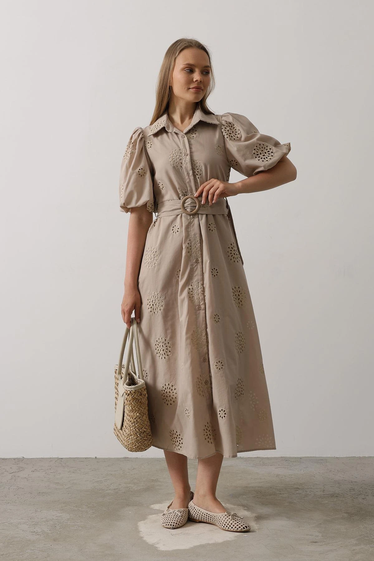 Eyelet Embroidered Midi Shirt Dress