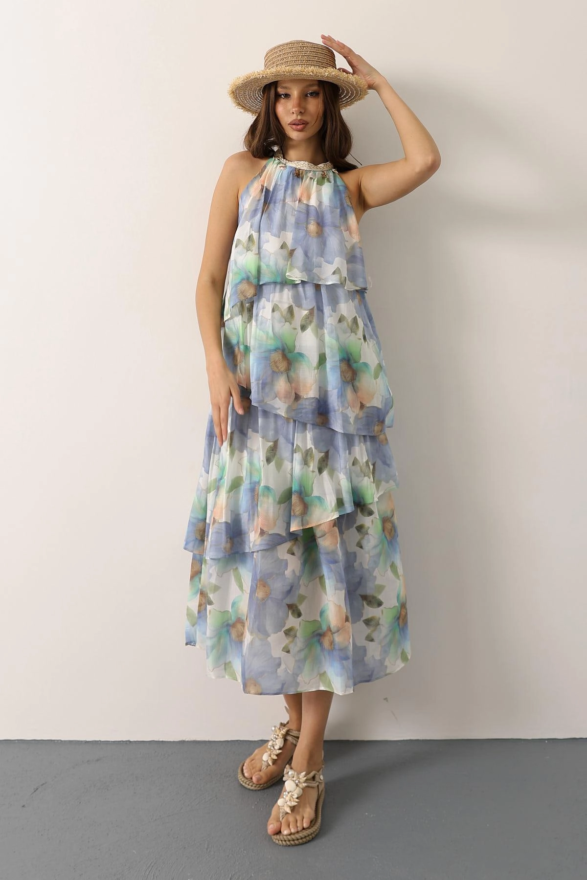 Floral Tiered Halter Midi Dress - Chiffon Summer Dress - Custom Fit Ruffle Dress - Boho Wedding Guest Dress - Elegant Party Dress