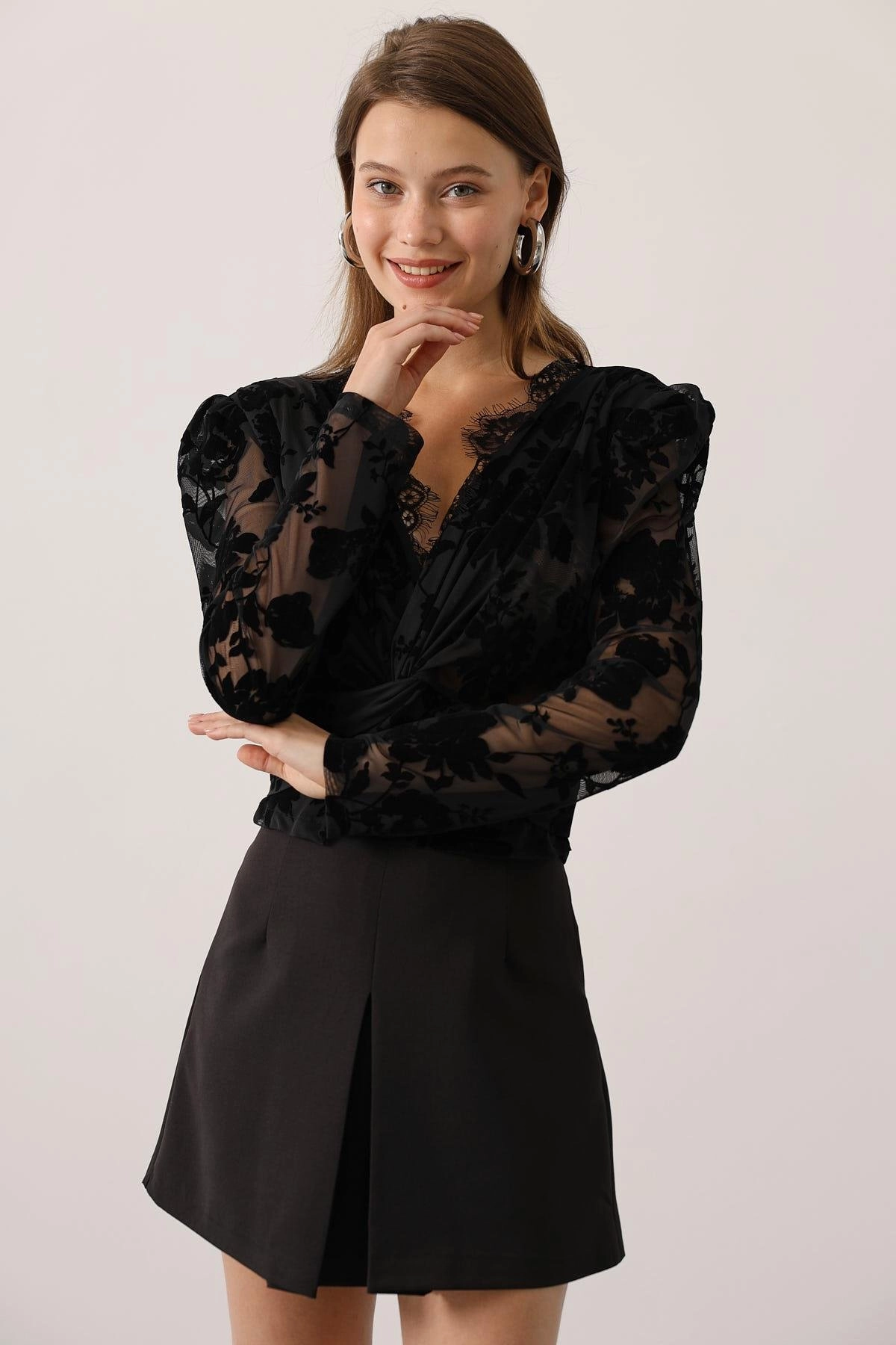 Gothic Puff Sleeve Blouse, Romantic Sheer Floral Lace Trim Top