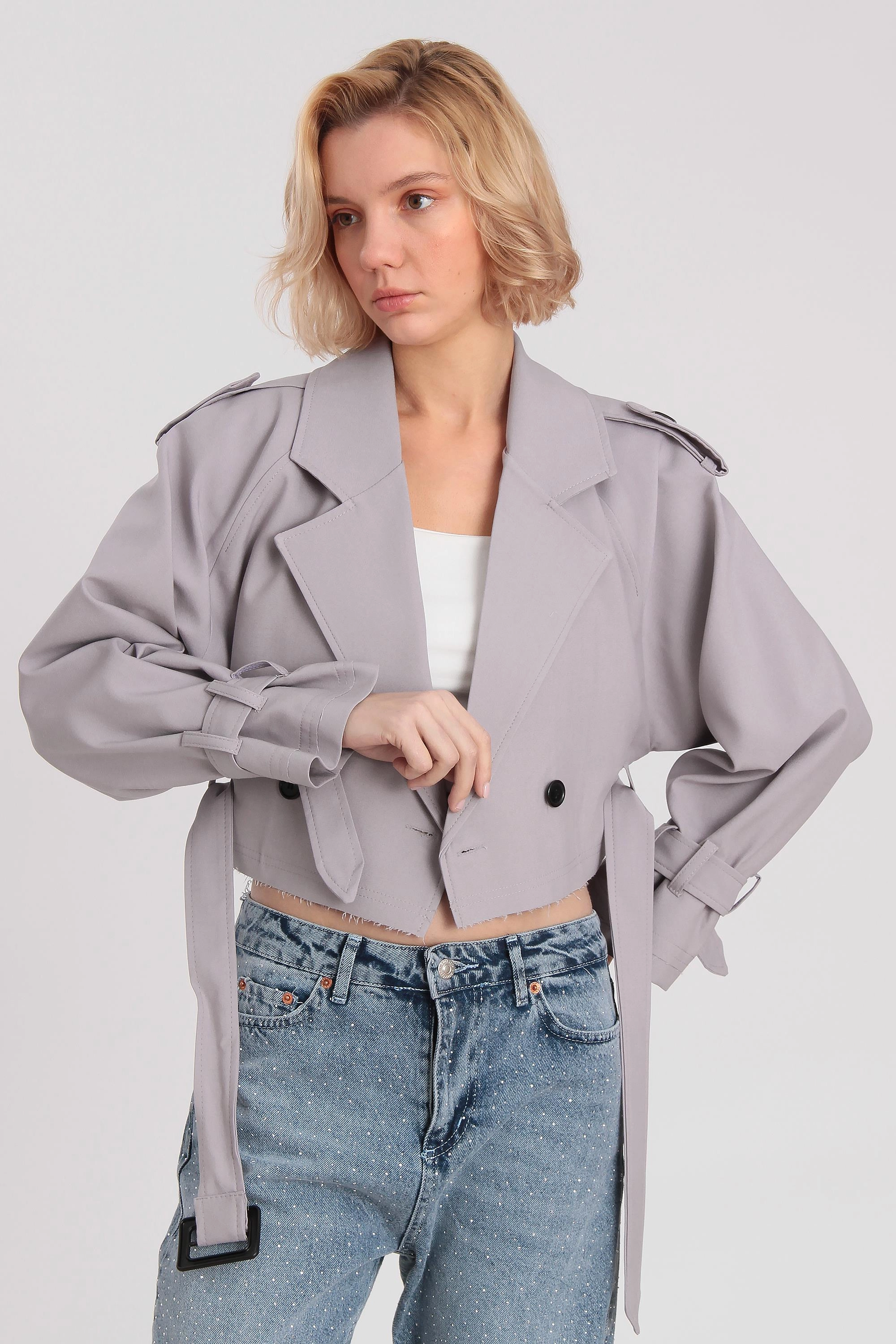 Gray Cropped Trench Coat Women Short Blazer Spring Jacket Double Breasted Belt Tie Oversized Casual Outerwear