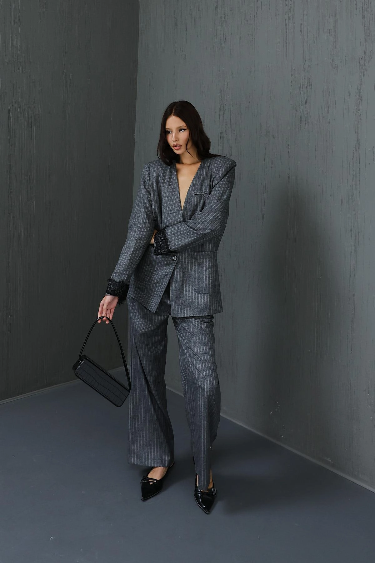Gray Pinstripe Wide Leg Pants Women High Waisted Trousers Professional Office Wear Business Casual Flare Palazzo Pants