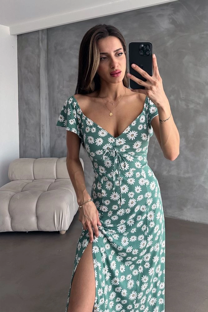 Green Daisy Print Midi Dress Sweetheart Neck Puff Sleeve High Side Slit Summer Cottagecore